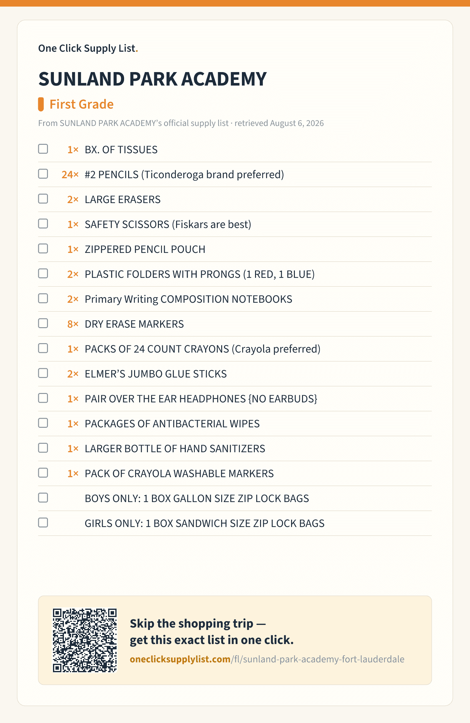 SUNLAND PARK ACADEMY First Grade supply list — printable image