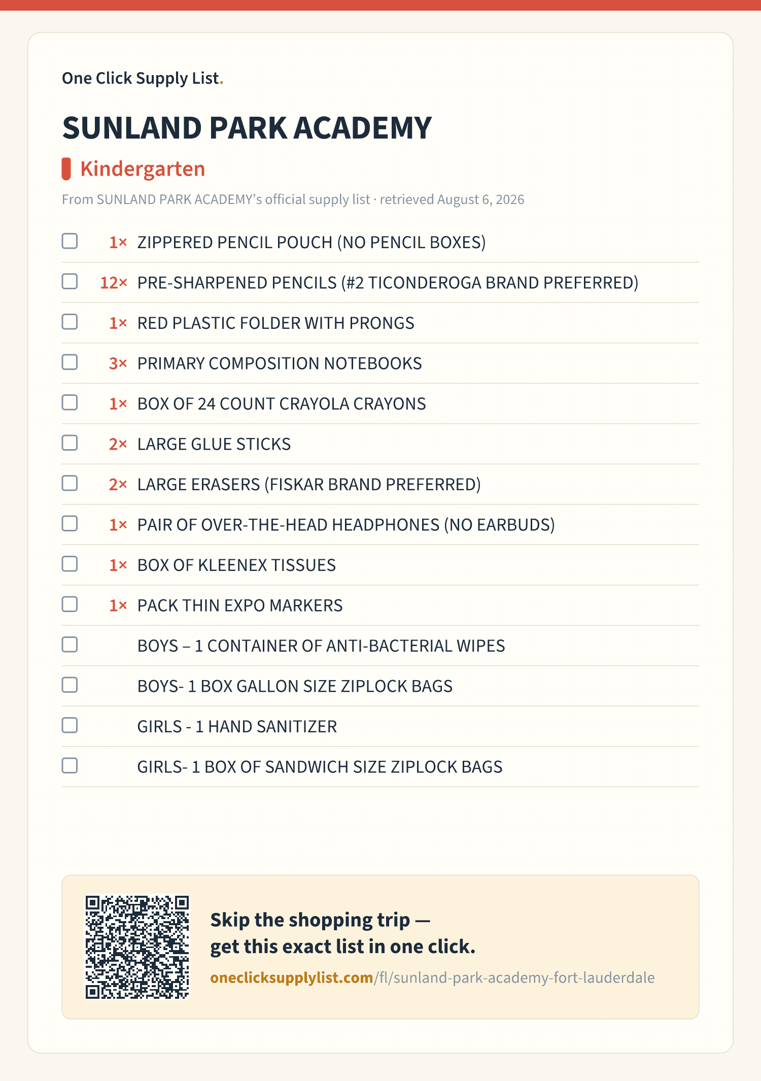 SUNLAND PARK ACADEMY Kindergarten supply list — printable image
