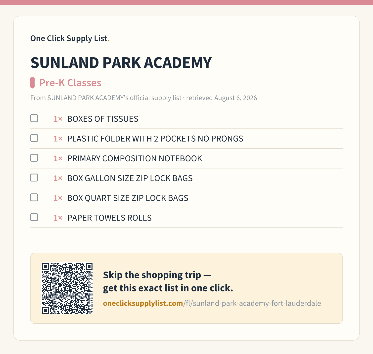 SUNLAND PARK ACADEMY Pre-K Classes supply list — printable image