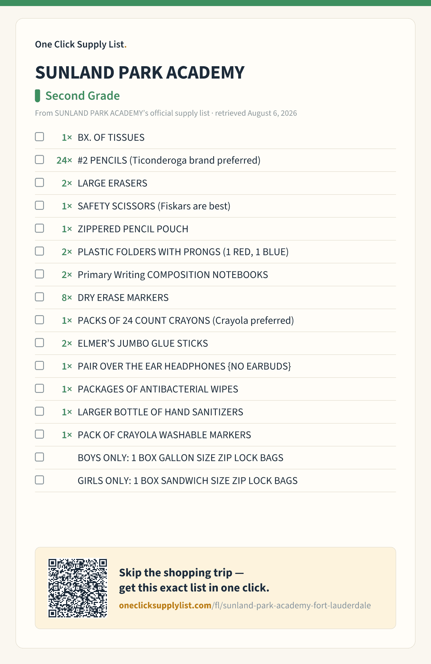 SUNLAND PARK ACADEMY Second Grade supply list — printable image