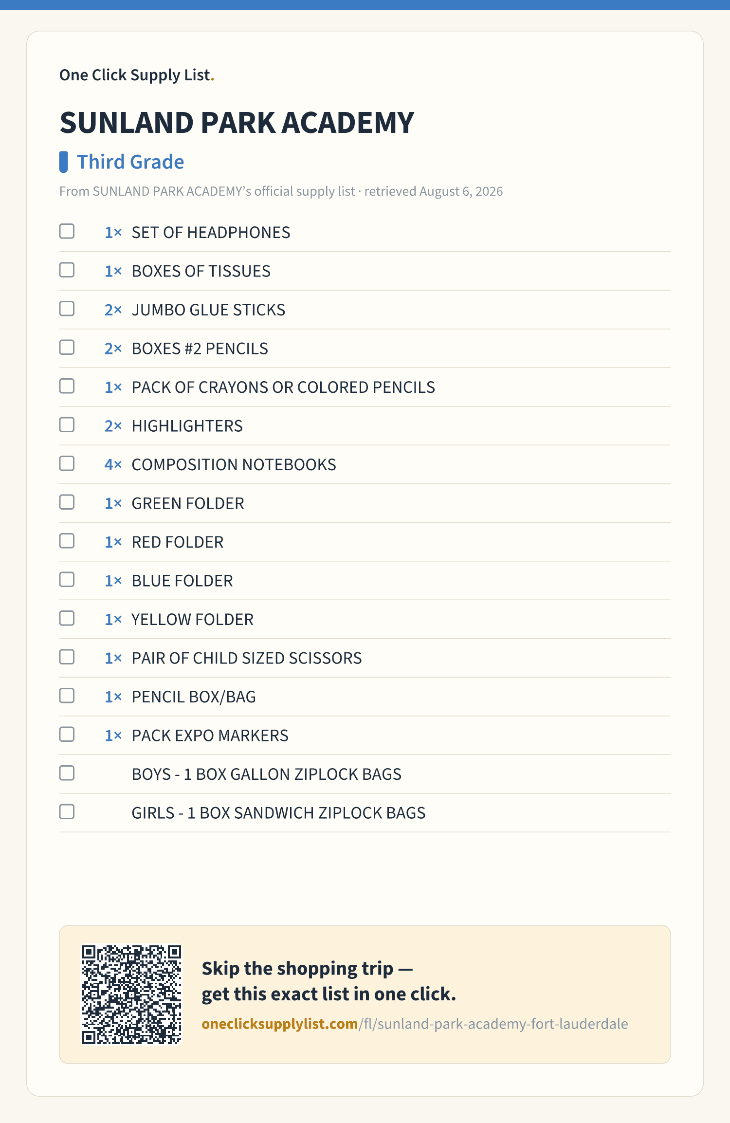SUNLAND PARK ACADEMY Third Grade supply list — printable image