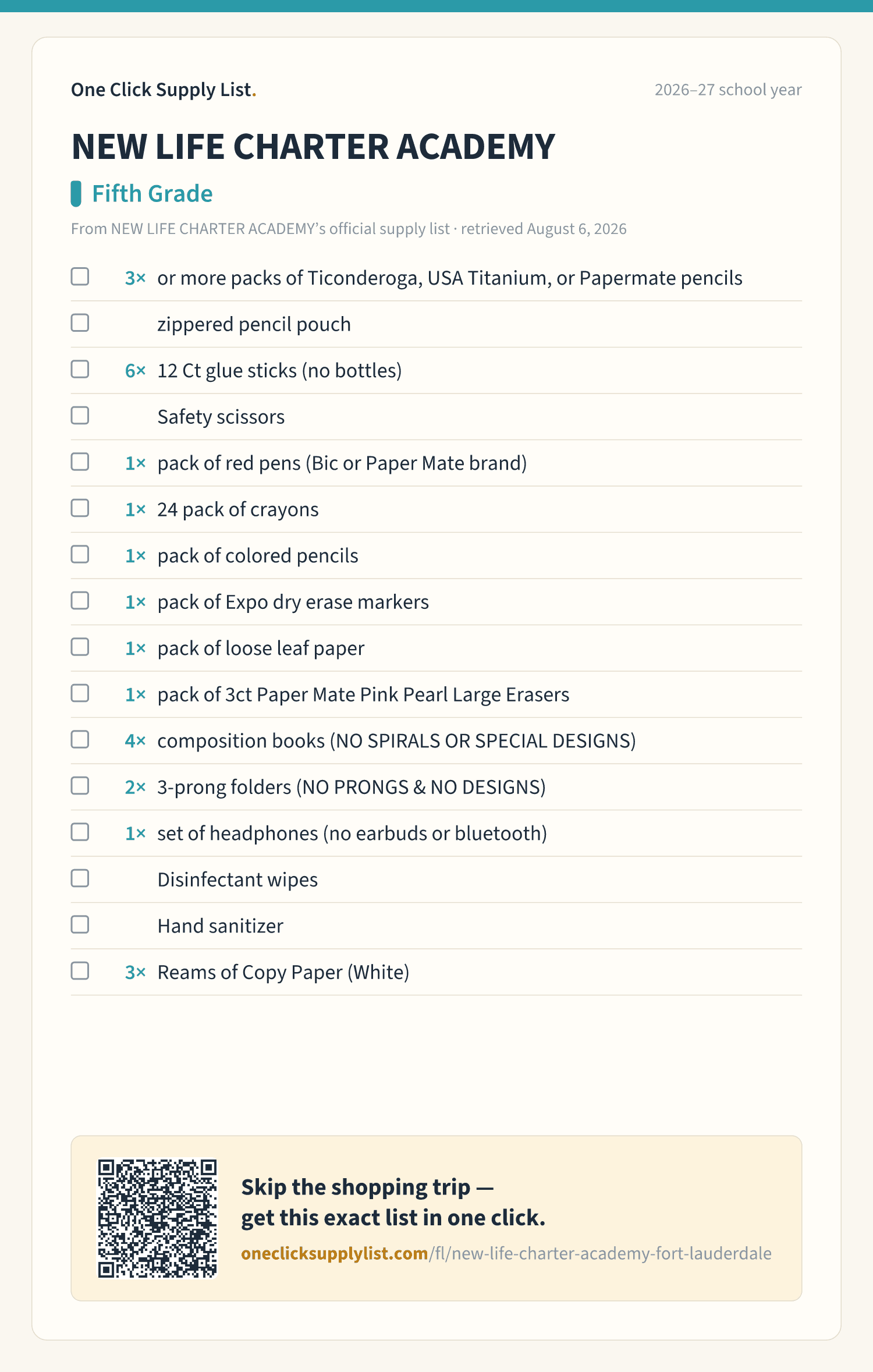 NEW LIFE CHARTER ACADEMY Fifth Grade supply list — printable image