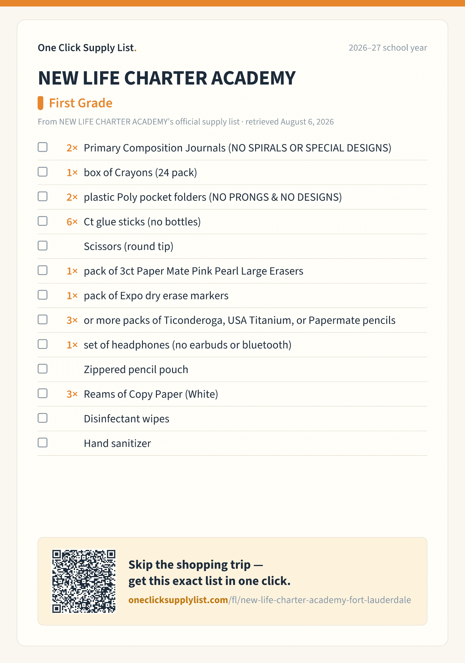 NEW LIFE CHARTER ACADEMY First Grade supply list — printable image