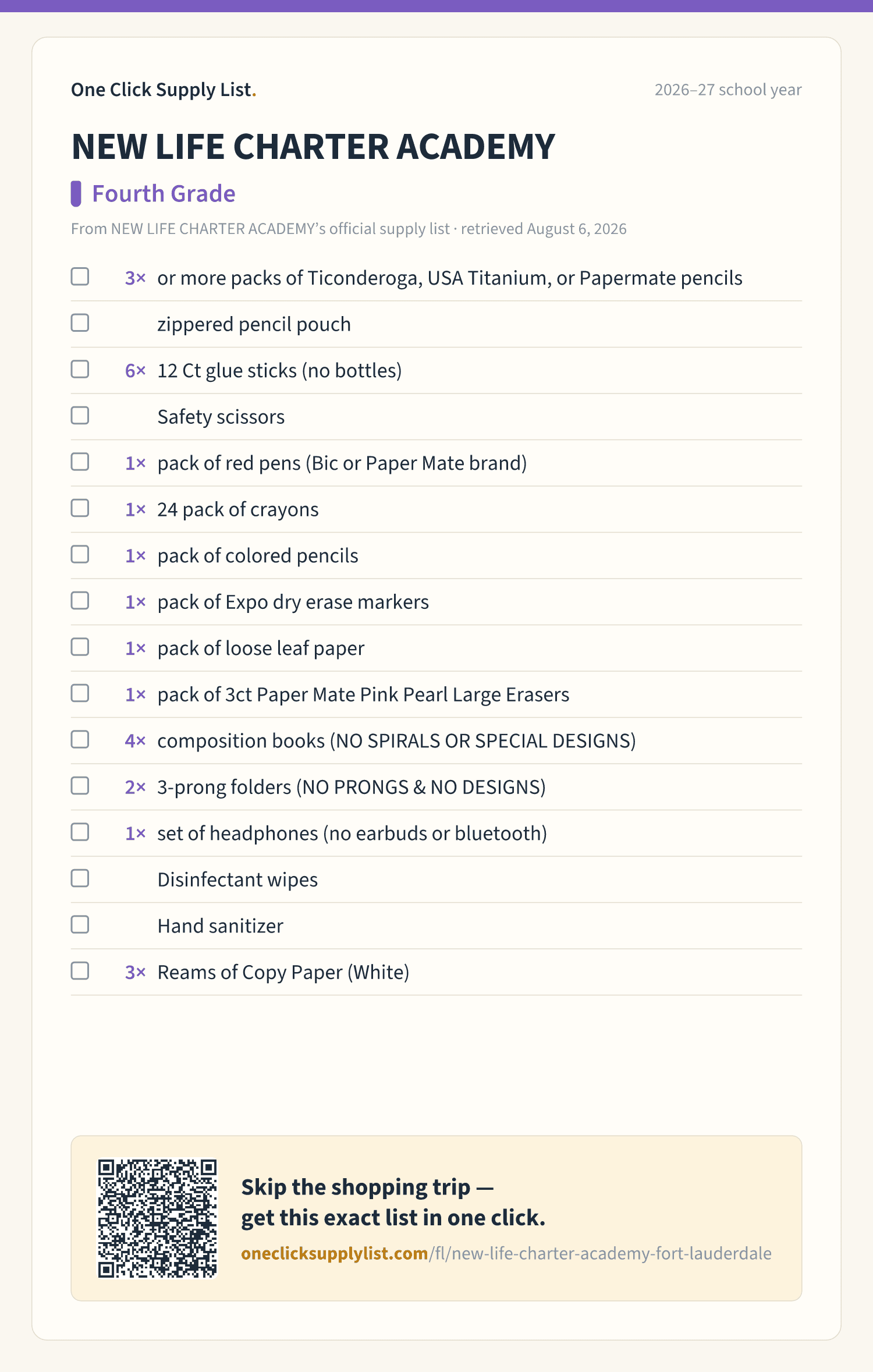 NEW LIFE CHARTER ACADEMY Fourth Grade supply list — printable image