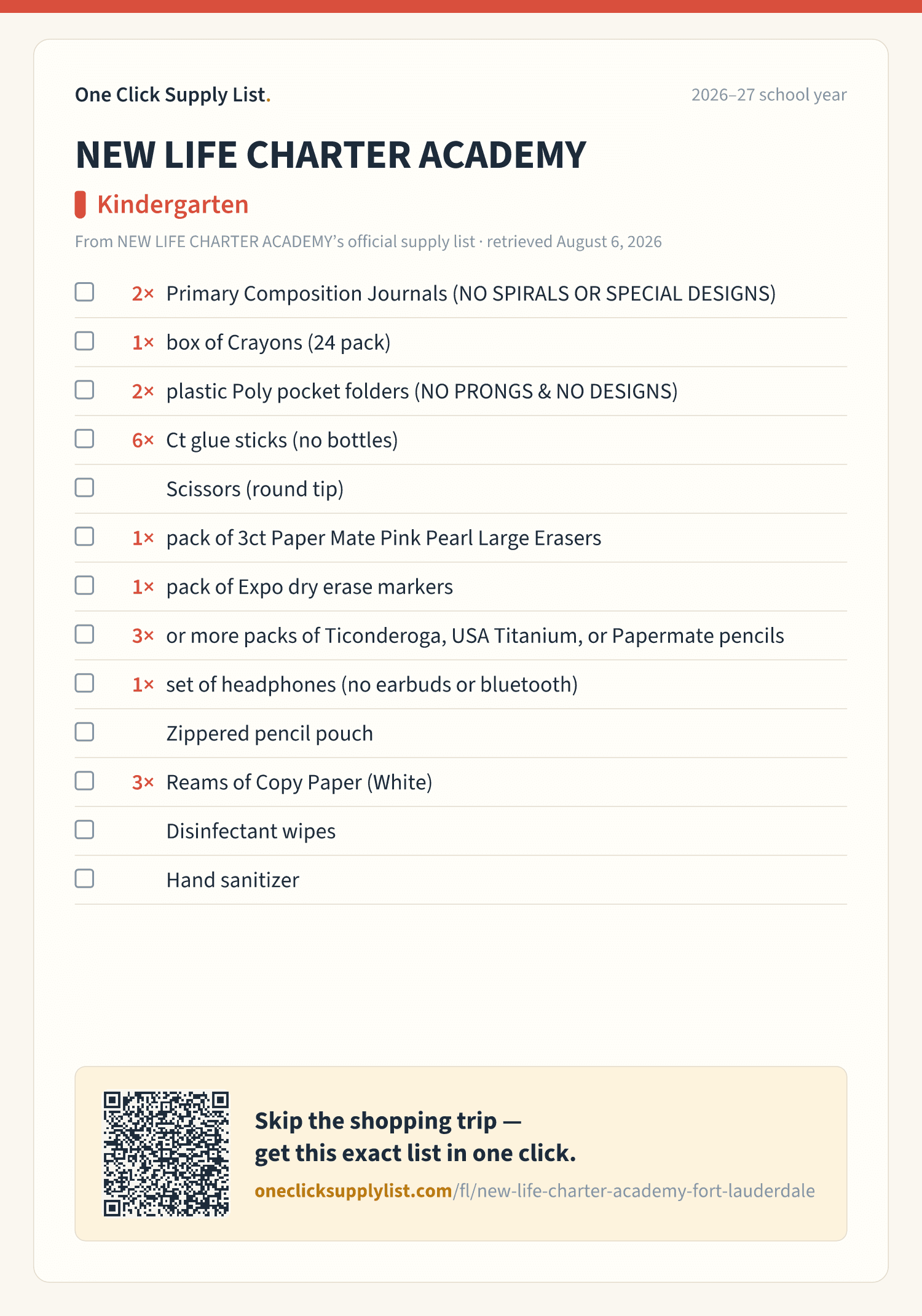 NEW LIFE CHARTER ACADEMY Kindergarten supply list — printable image