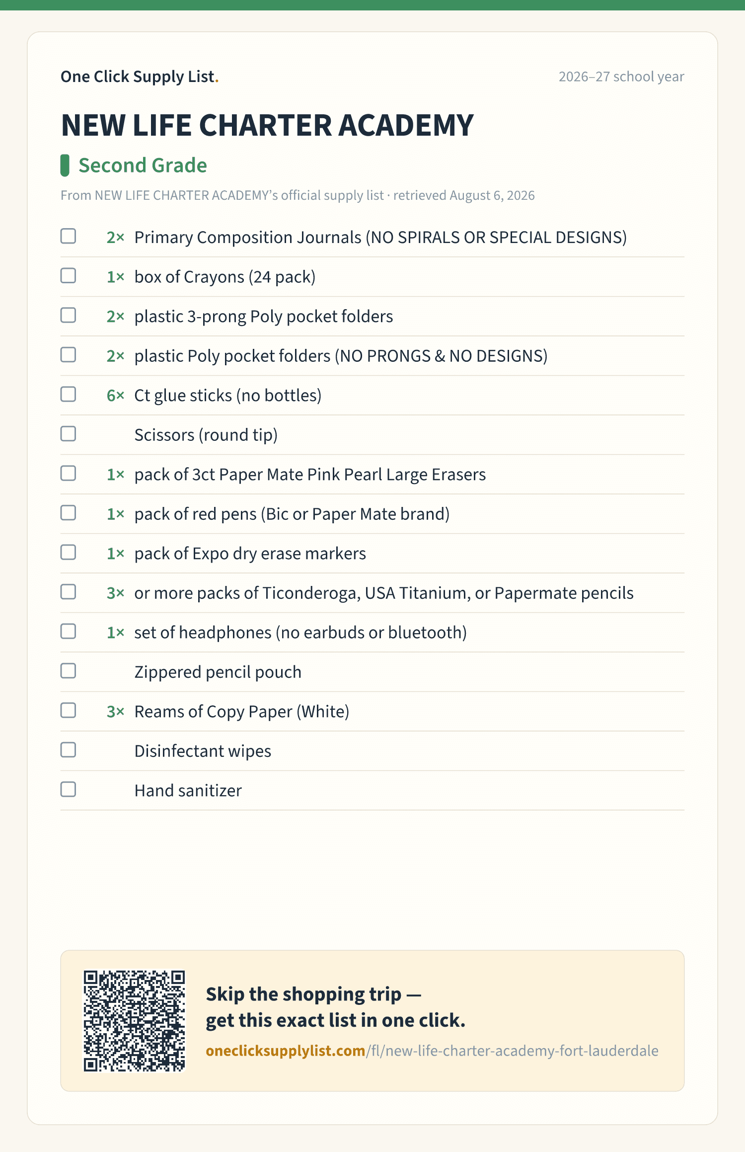 NEW LIFE CHARTER ACADEMY Second Grade supply list — printable image
