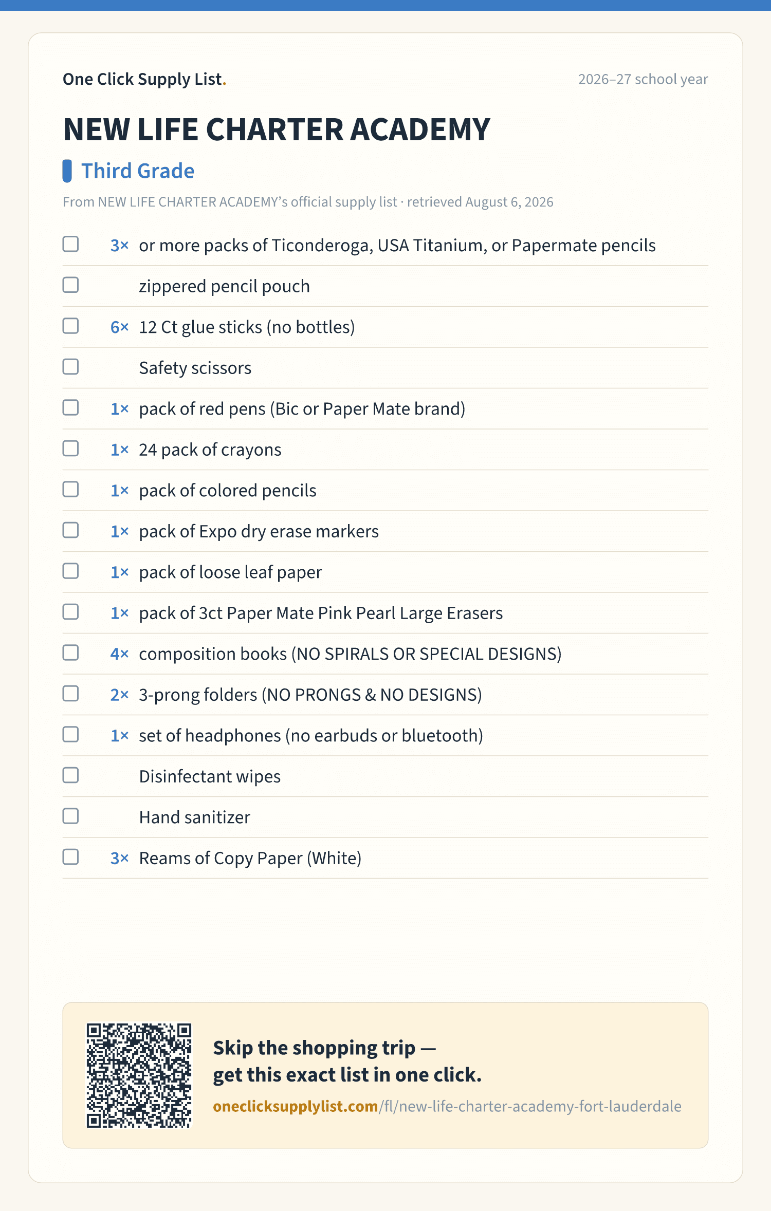 NEW LIFE CHARTER ACADEMY Third Grade supply list — printable image
