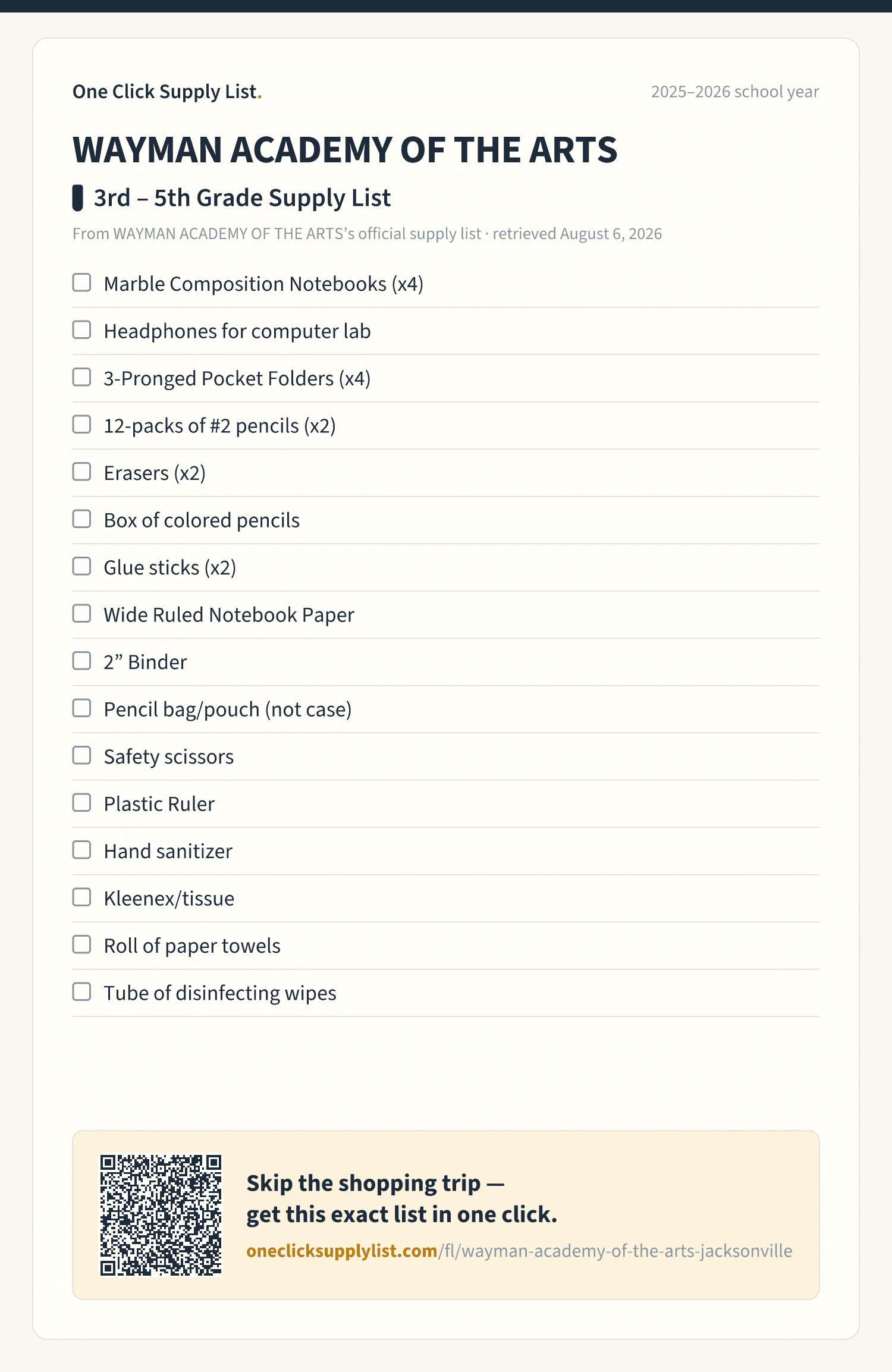 WAYMAN ACADEMY OF THE ARTS 3rd – 5th Grade Supply List supply list — printable image