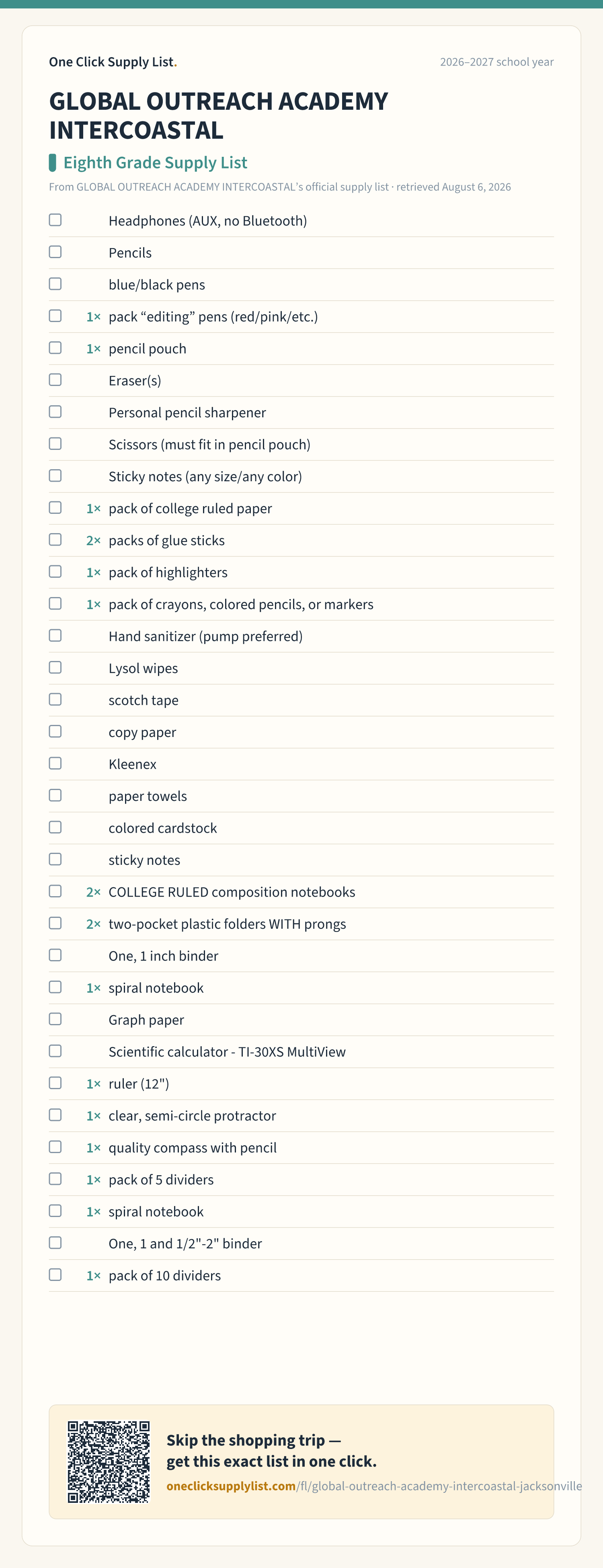 GLOBAL OUTREACH ACADEMY INTERCOASTAL Eighth Grade Supply List supply list — printable image