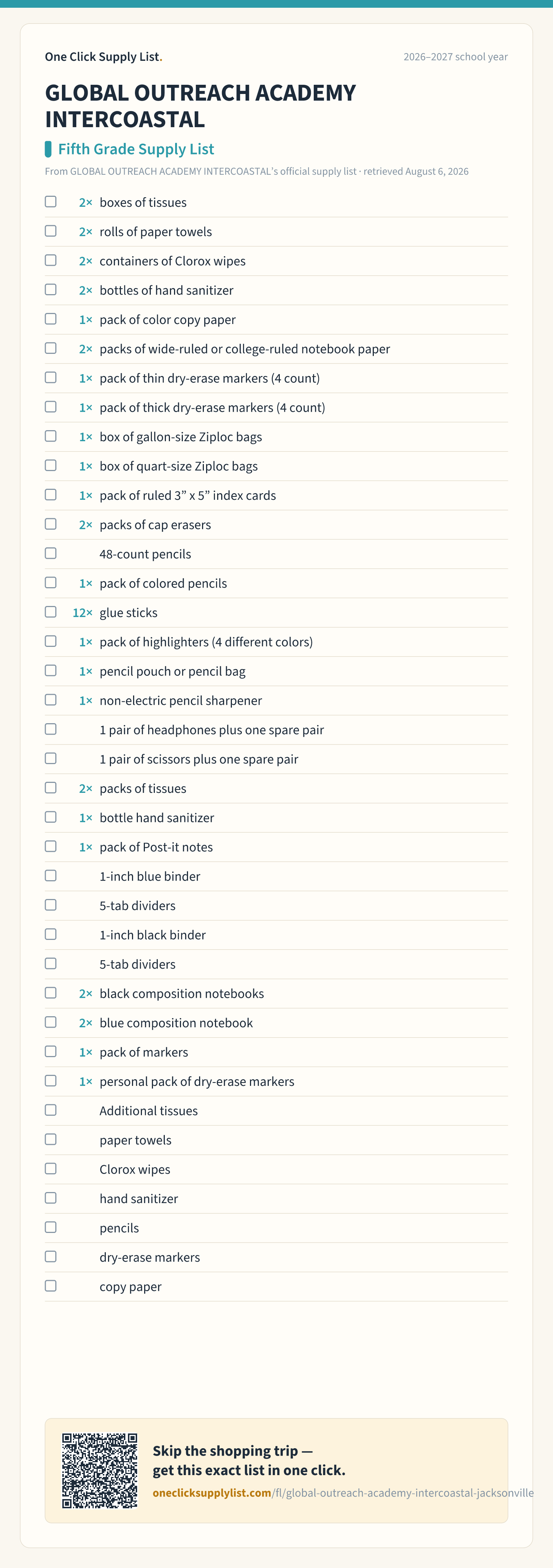 GLOBAL OUTREACH ACADEMY INTERCOASTAL Fifth Grade Supply List supply list — printable image