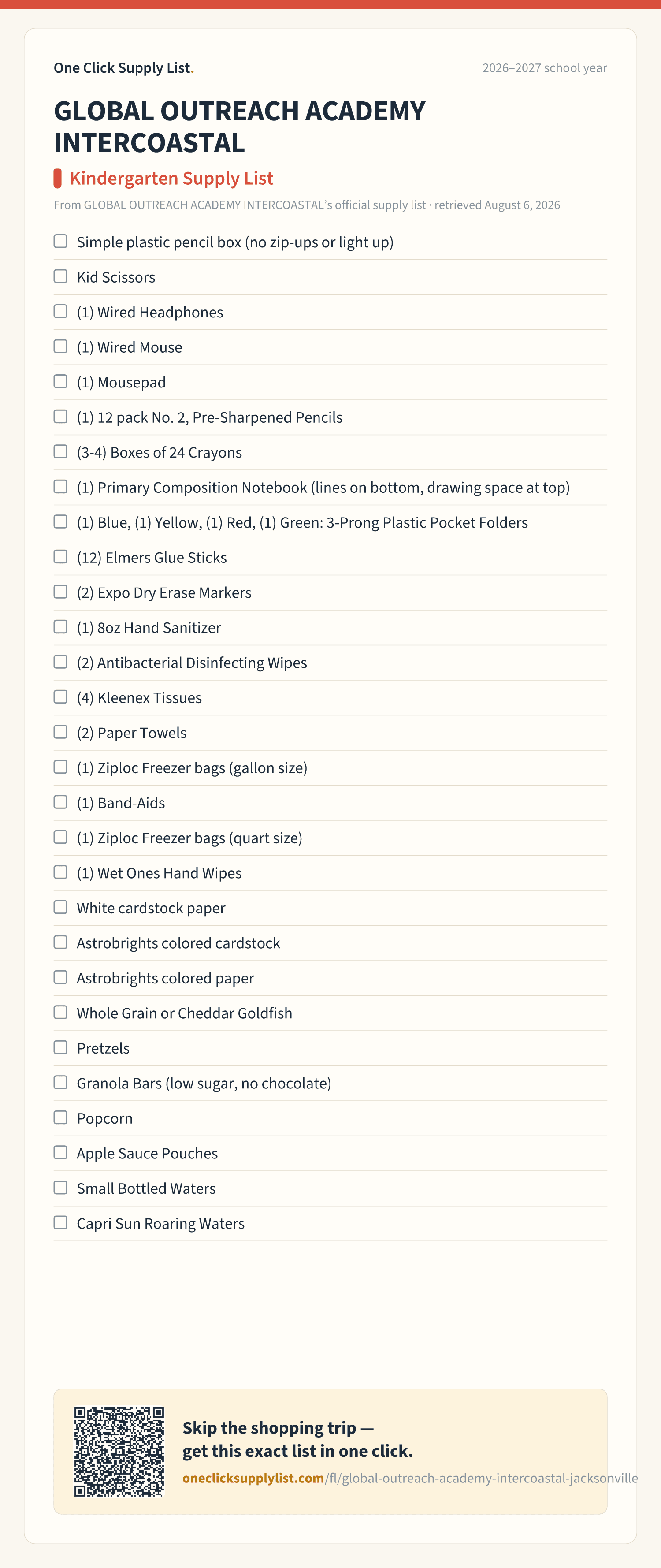 GLOBAL OUTREACH ACADEMY INTERCOASTAL Kindergarten Supply List supply list — printable image