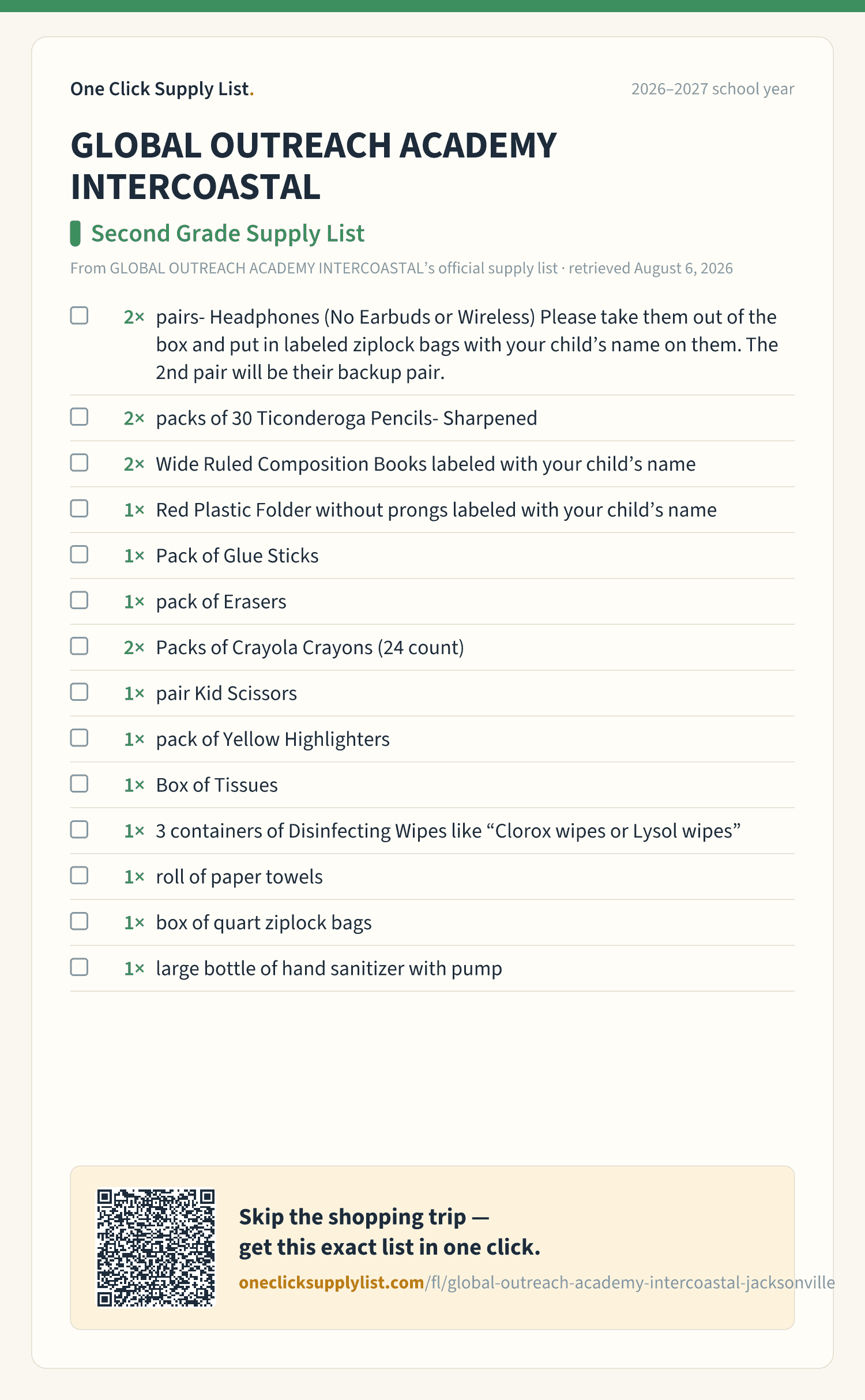GLOBAL OUTREACH ACADEMY INTERCOASTAL Second Grade Supply List supply list — printable image