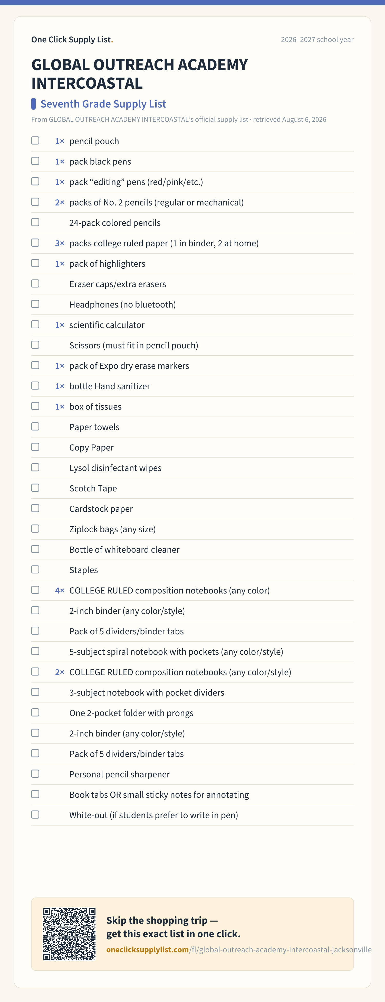 GLOBAL OUTREACH ACADEMY INTERCOASTAL Seventh Grade Supply List supply list — printable image