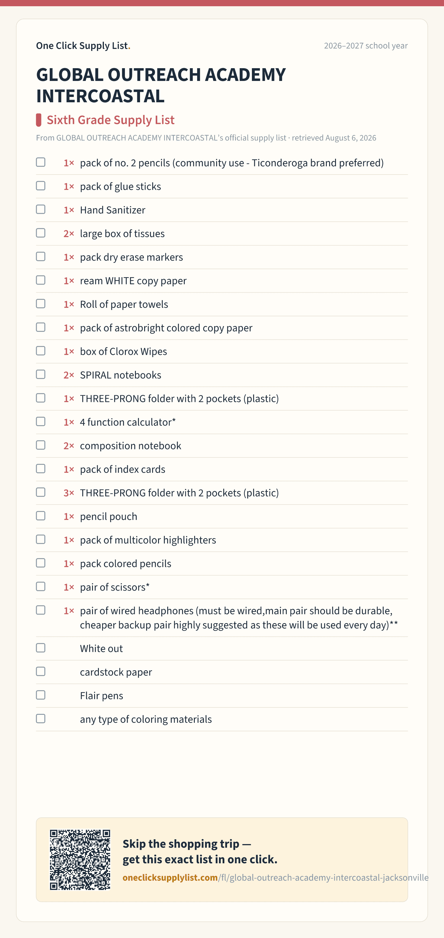 GLOBAL OUTREACH ACADEMY INTERCOASTAL Sixth Grade Supply List supply list — printable image