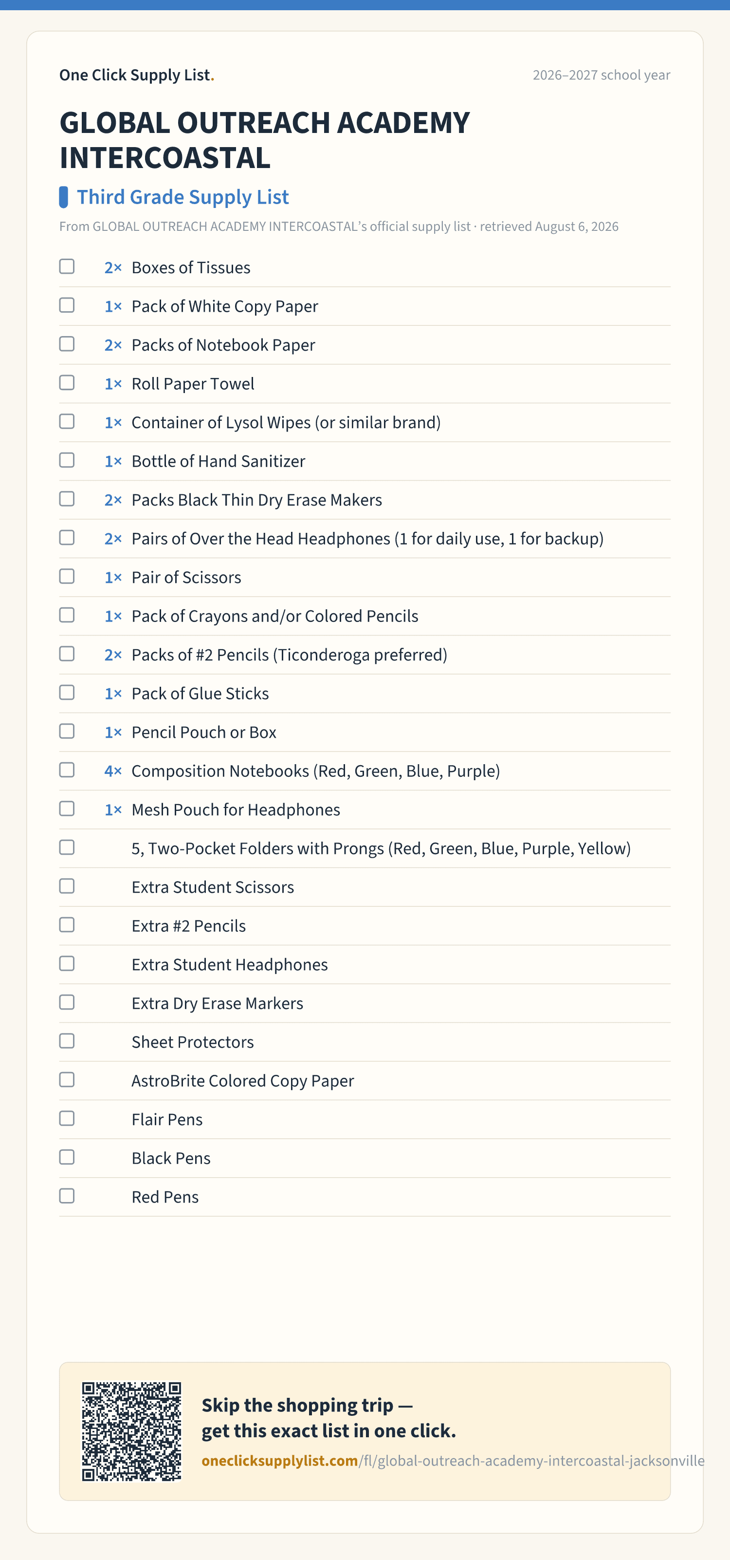 GLOBAL OUTREACH ACADEMY INTERCOASTAL Third Grade Supply List supply list — printable image