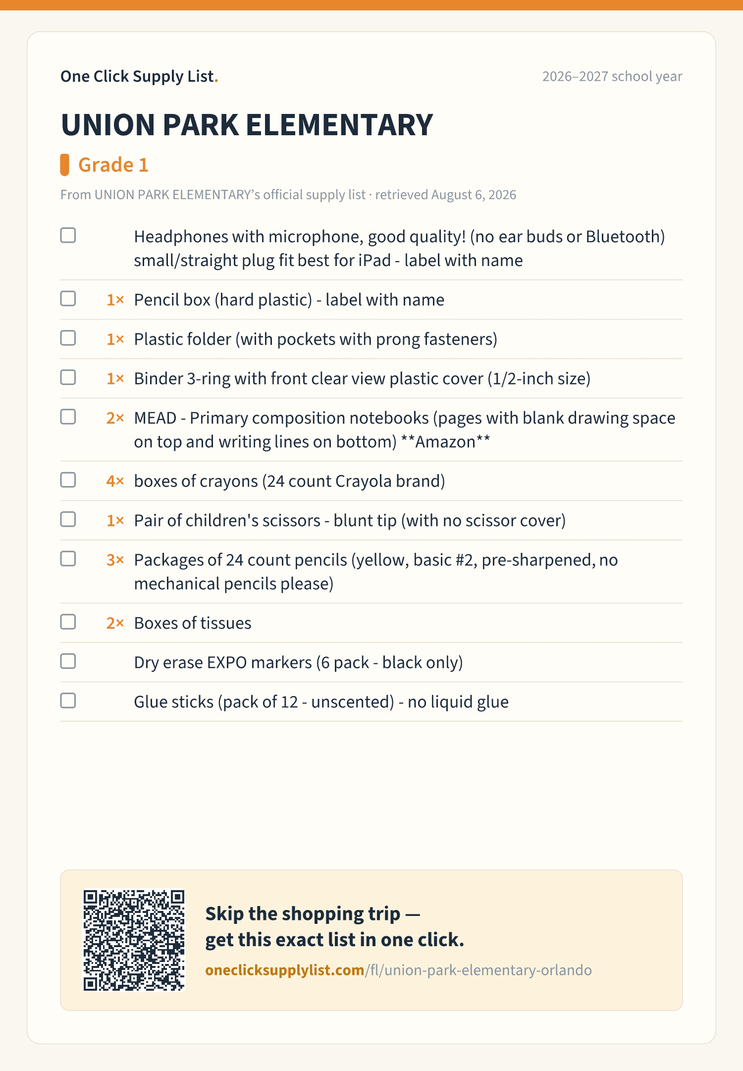 UNION PARK ELEMENTARY Grade 1 supply list — printable image