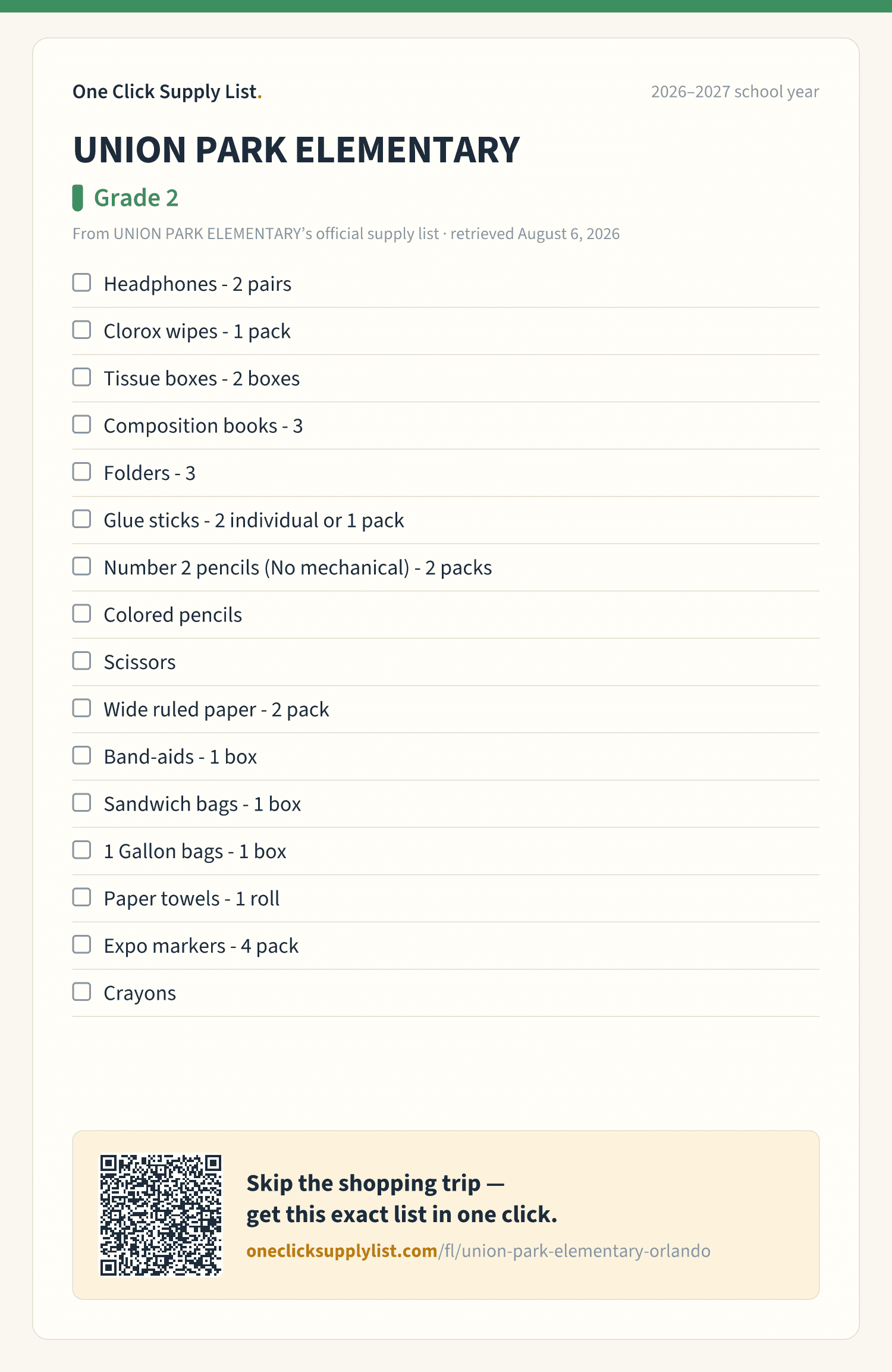 UNION PARK ELEMENTARY Grade 2 supply list — printable image