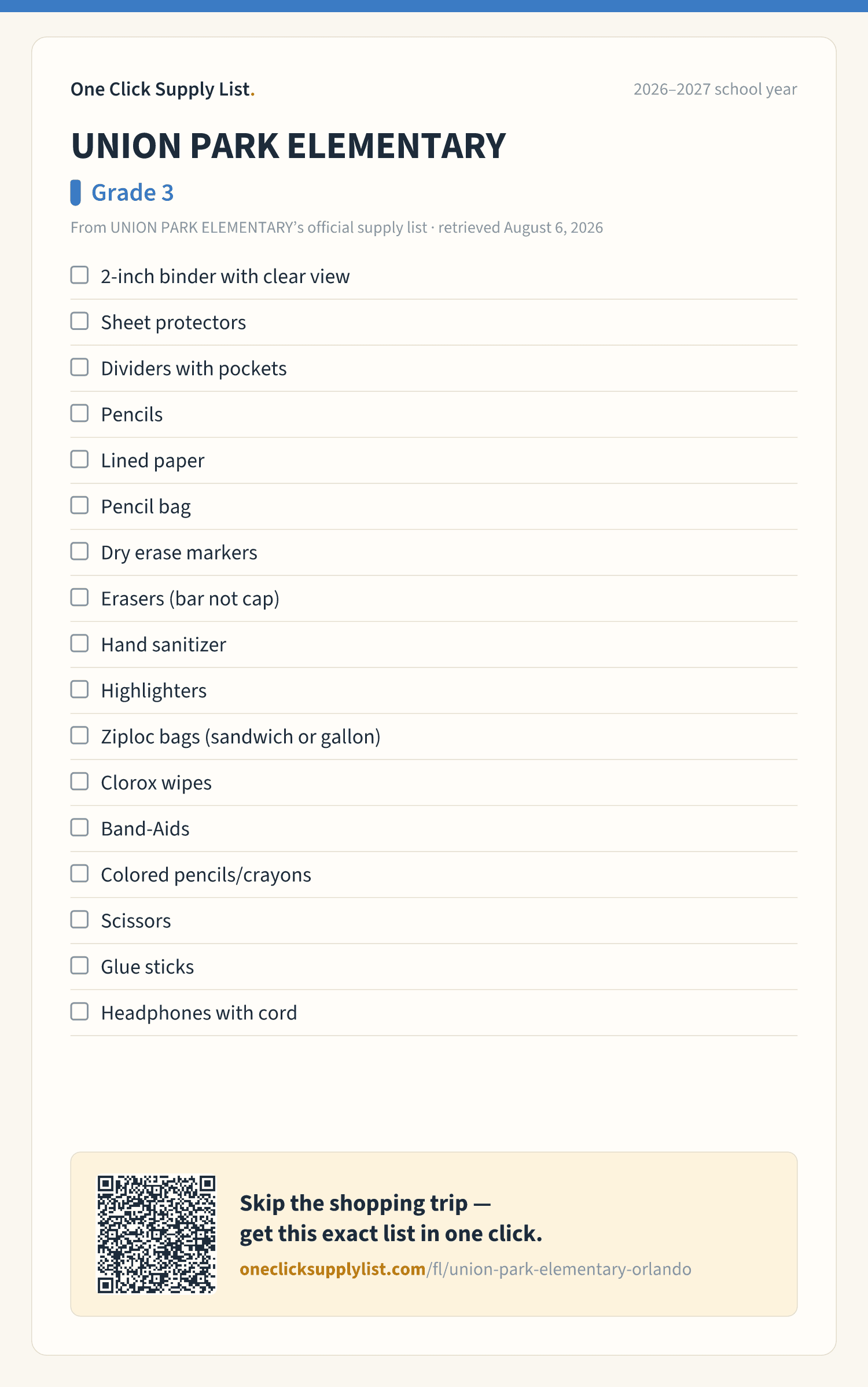 UNION PARK ELEMENTARY Grade 3 supply list — printable image