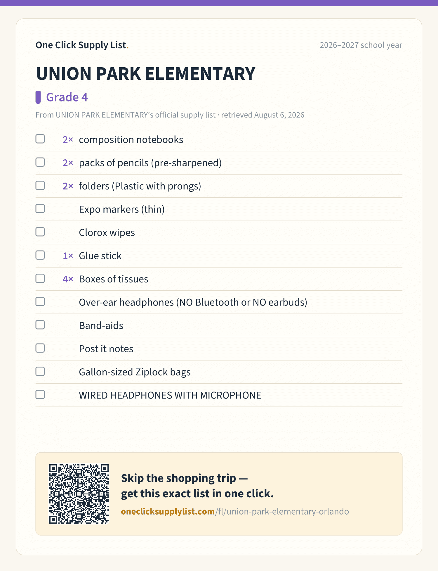 UNION PARK ELEMENTARY Grade 4 supply list — printable image