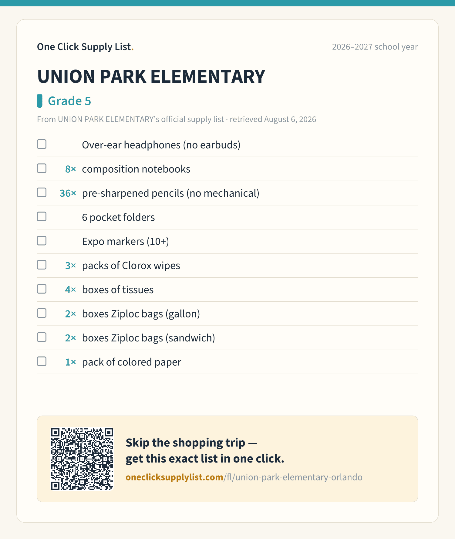 UNION PARK ELEMENTARY Grade 5 supply list — printable image