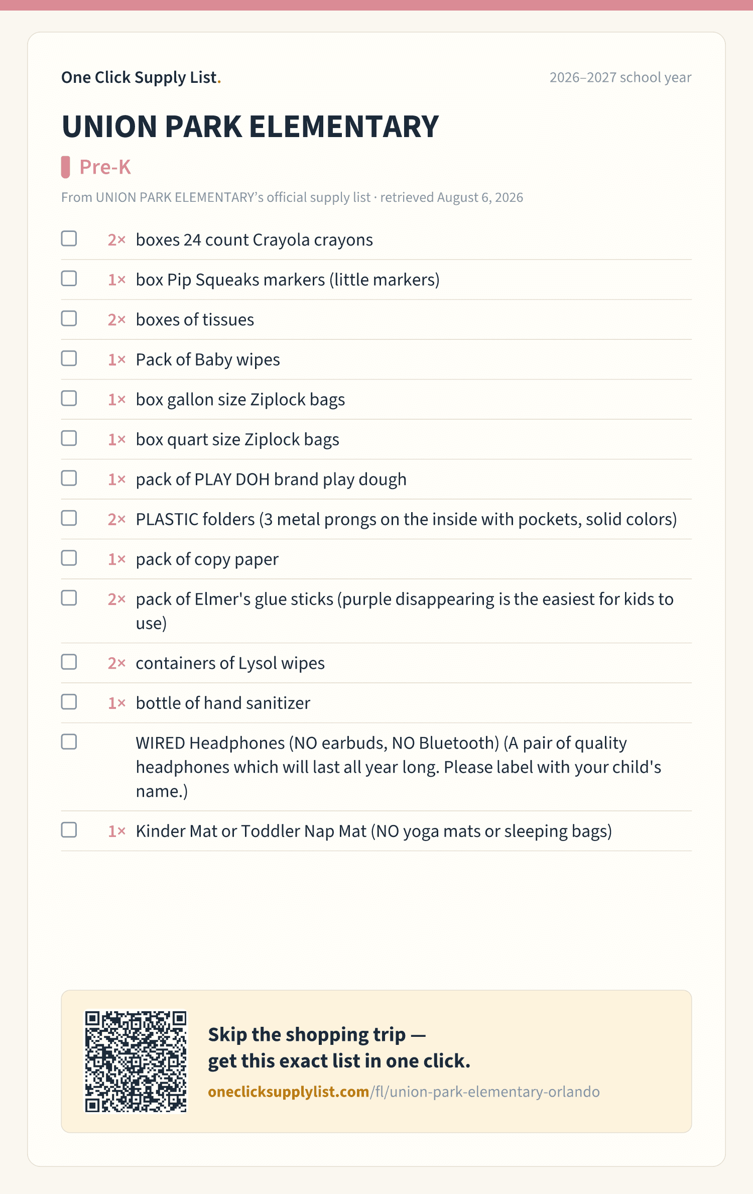 UNION PARK ELEMENTARY Pre-K supply list — printable image