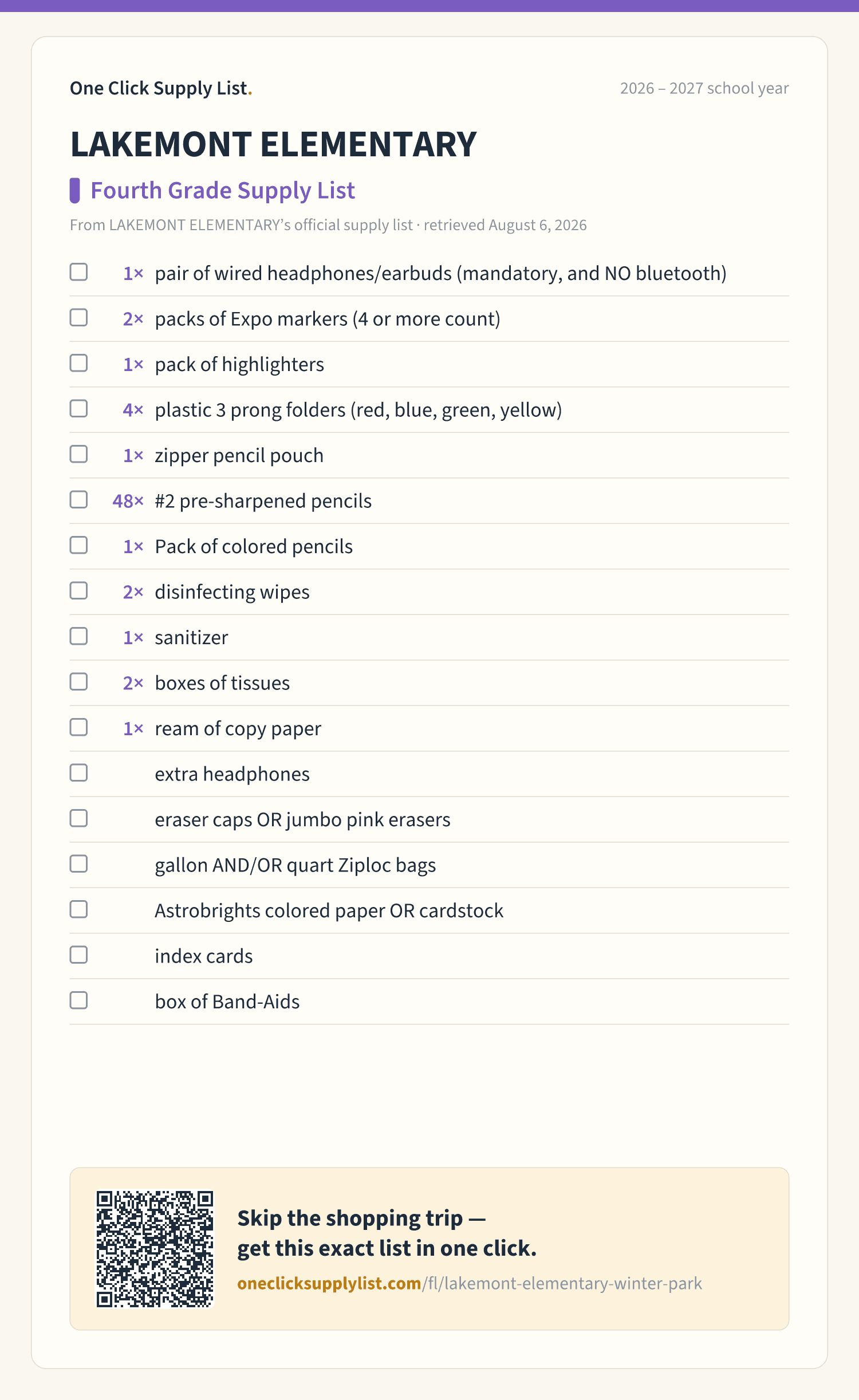 LAKEMONT ELEMENTARY Fourth Grade Supply List supply list — printable image
