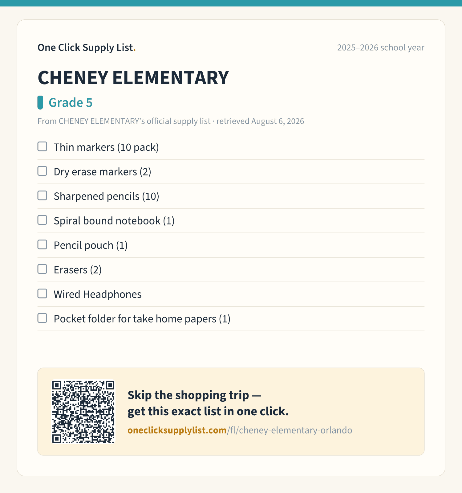 CHENEY ELEMENTARY Grade 5 supply list — printable image
