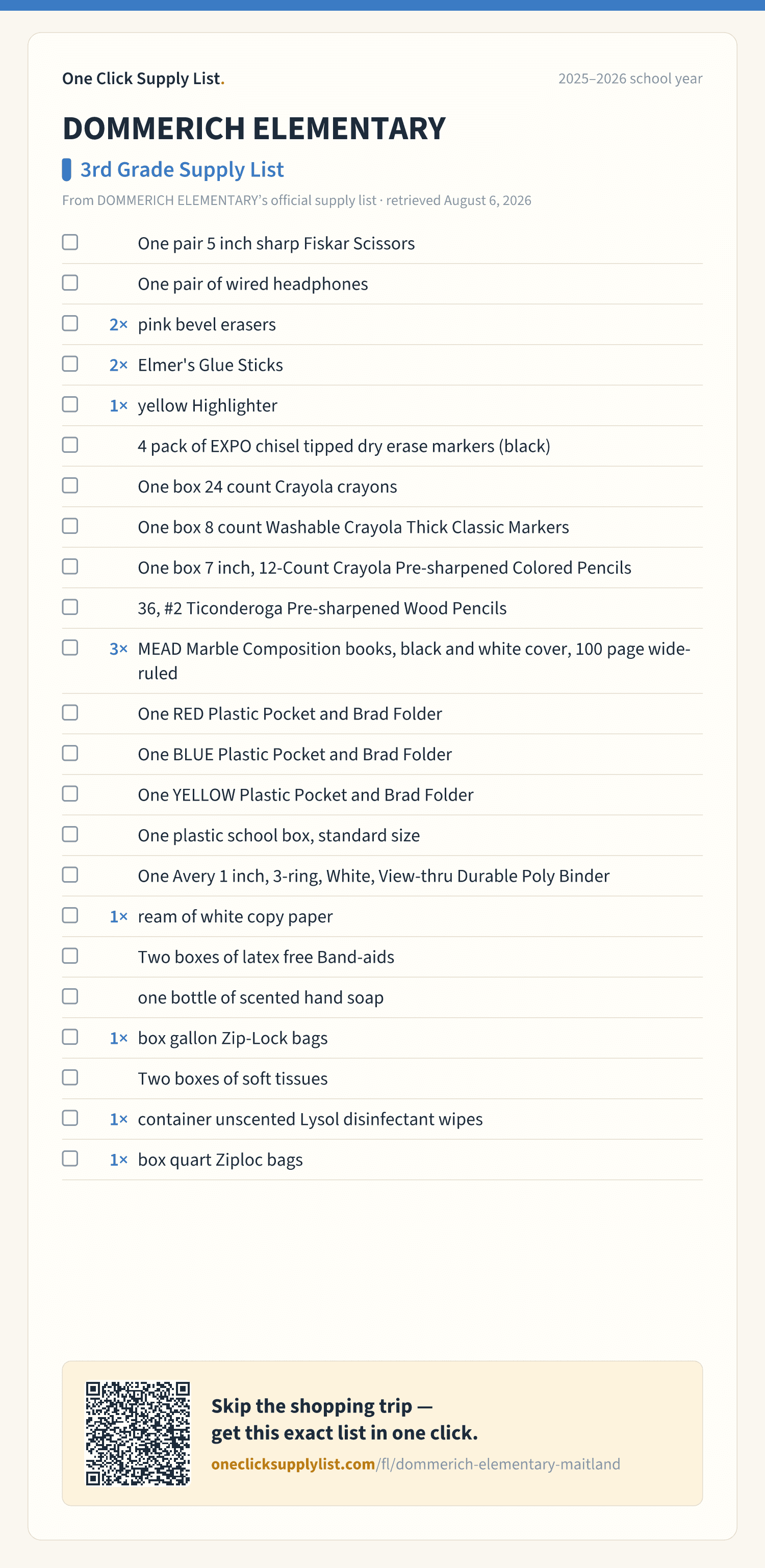 DOMMERICH ELEMENTARY 3rd Grade Supply List supply list — printable image