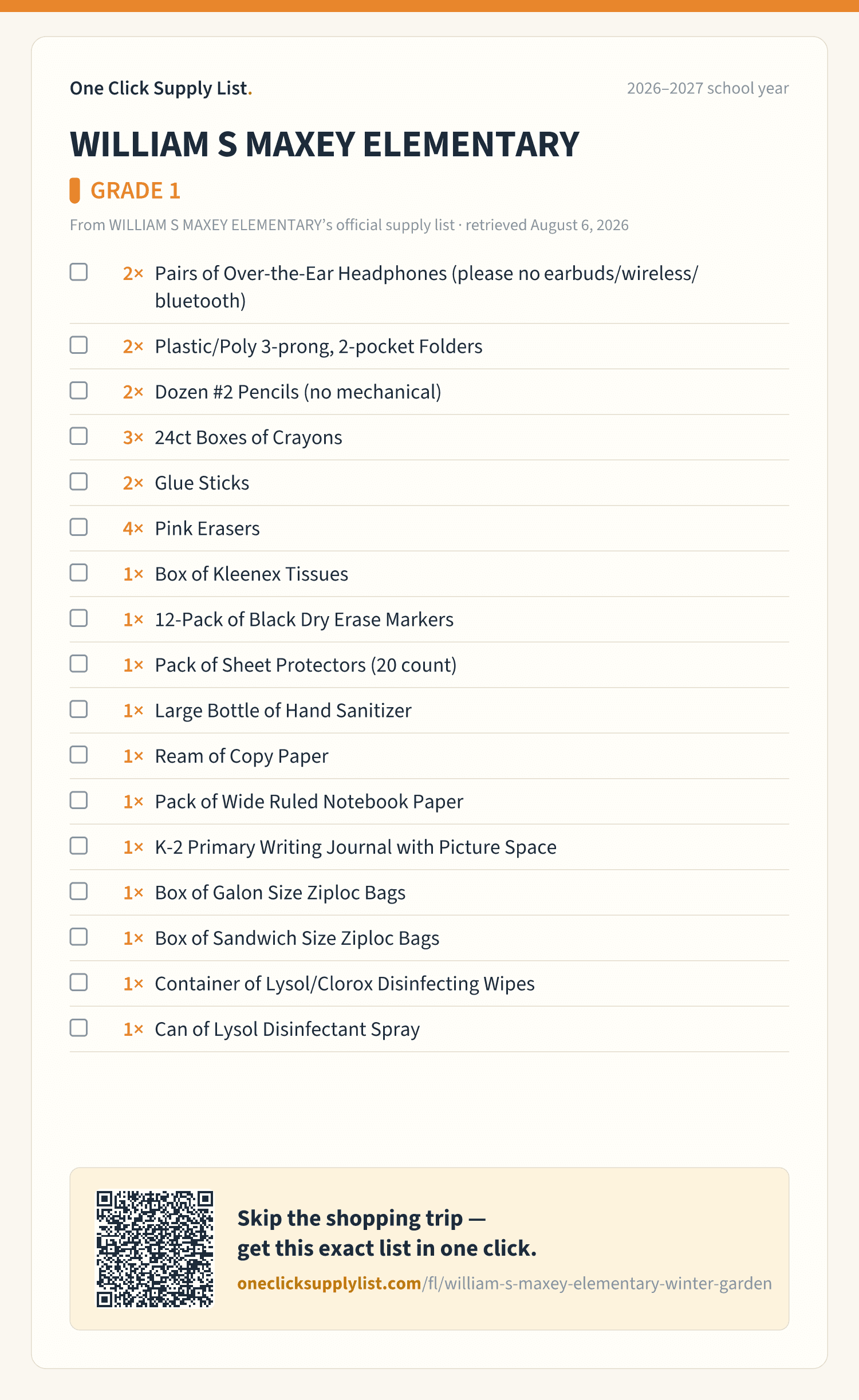 WILLIAM S MAXEY ELEMENTARY GRADE 1 supply list — printable image