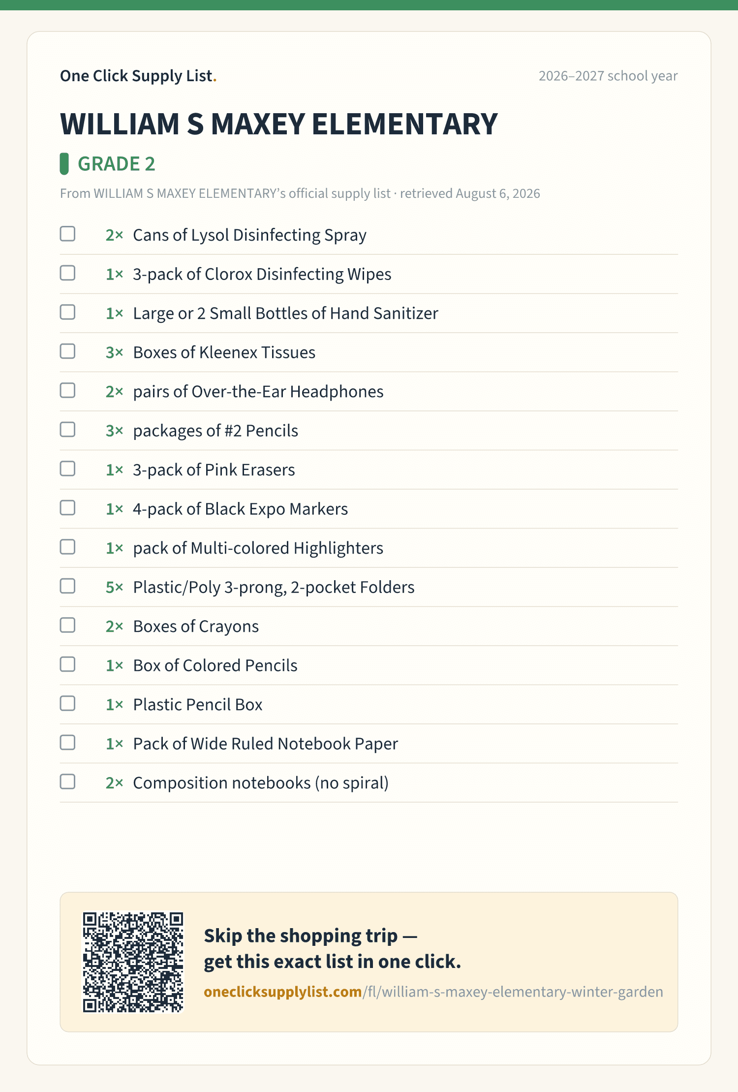 WILLIAM S MAXEY ELEMENTARY GRADE 2 supply list — printable image