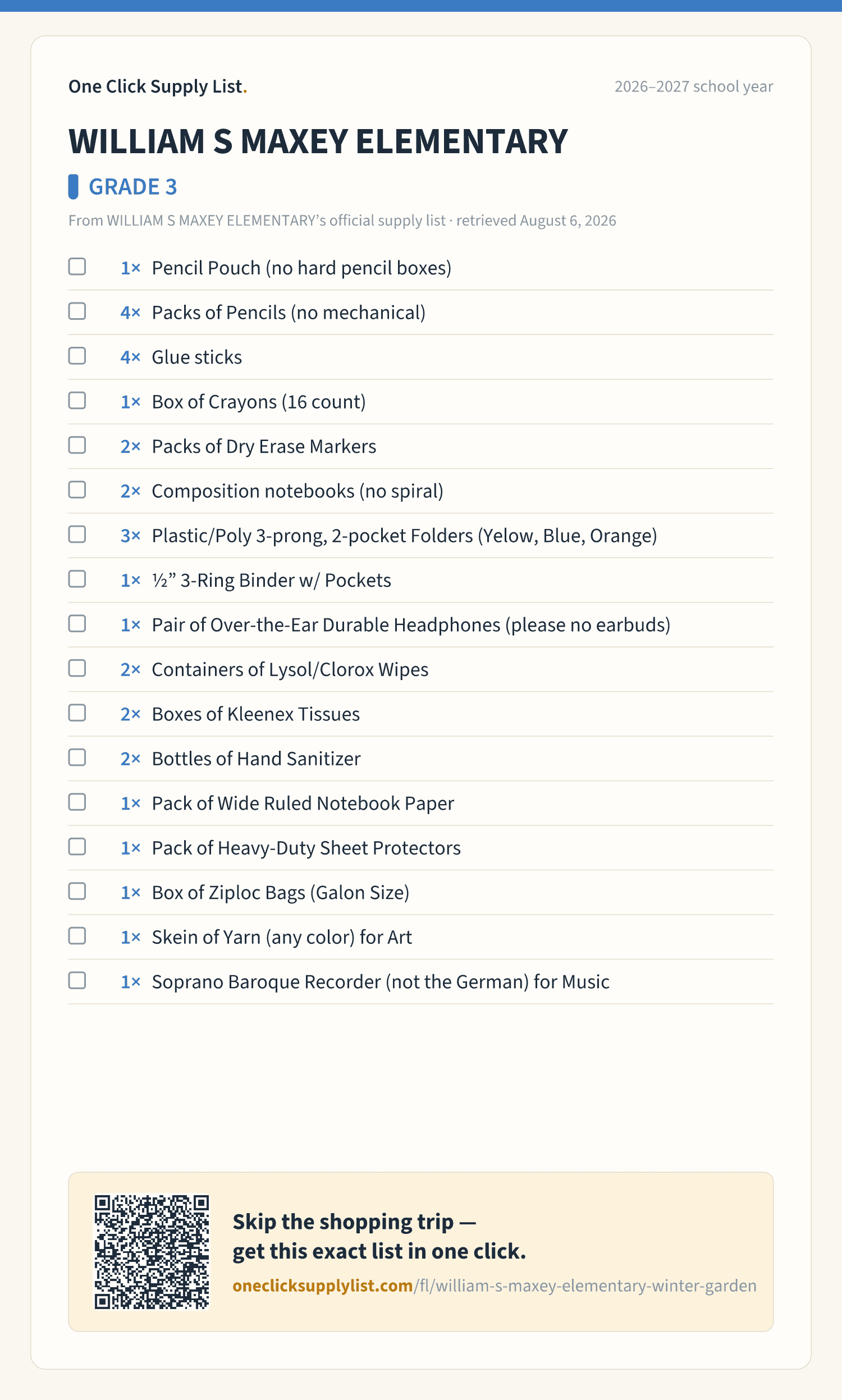 WILLIAM S MAXEY ELEMENTARY GRADE 3 supply list — printable image