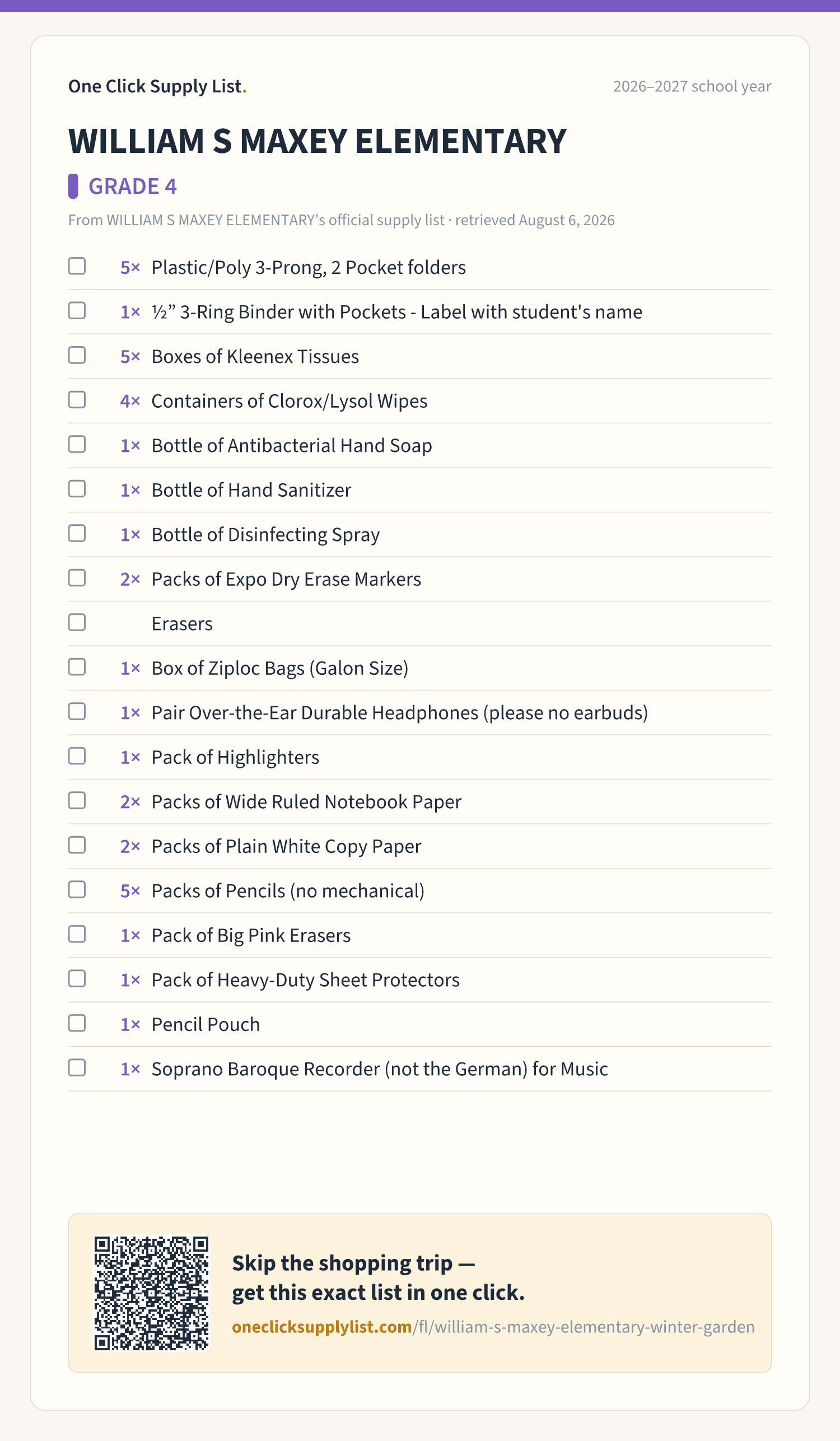 WILLIAM S MAXEY ELEMENTARY GRADE 4 supply list — printable image