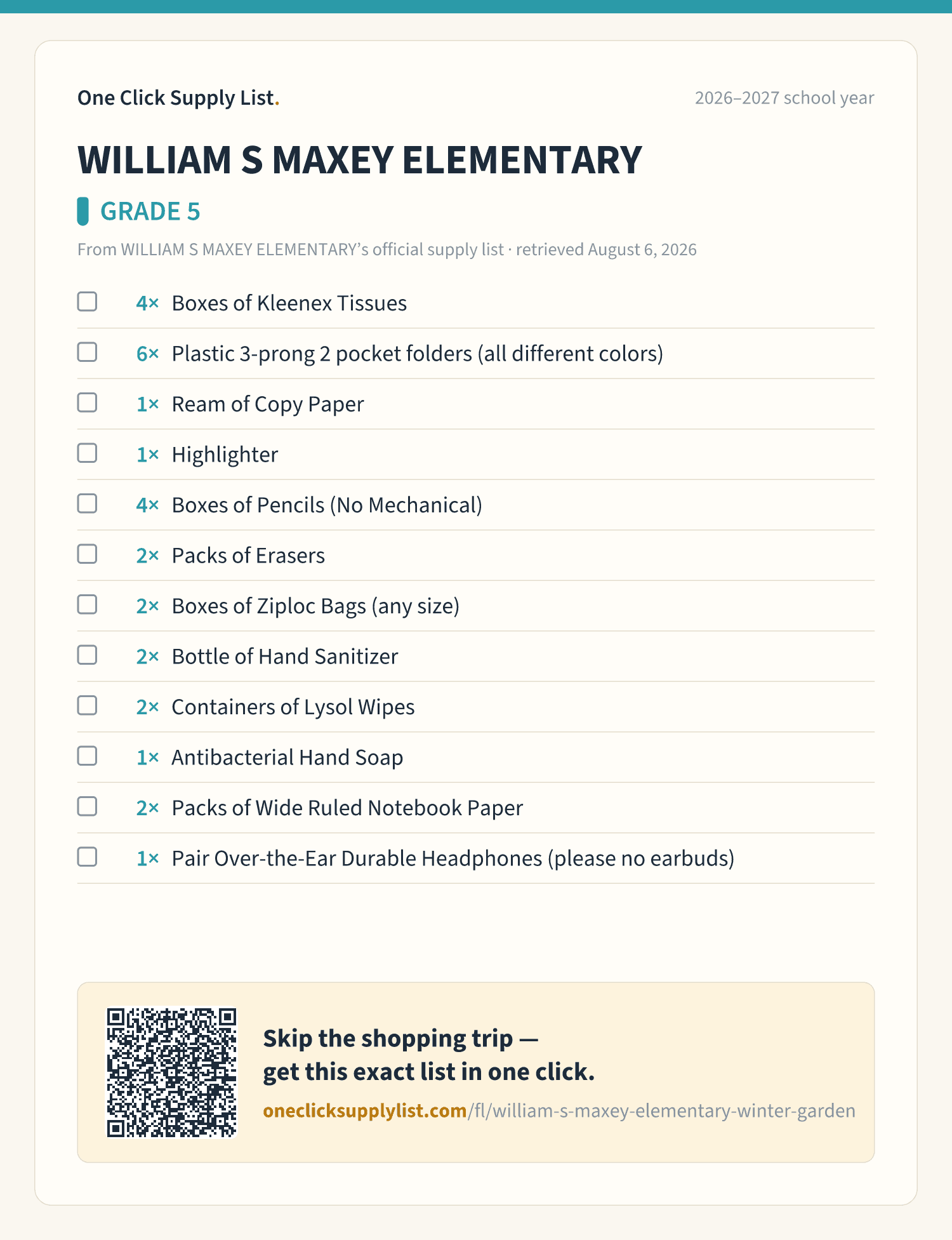 WILLIAM S MAXEY ELEMENTARY GRADE 5 supply list — printable image