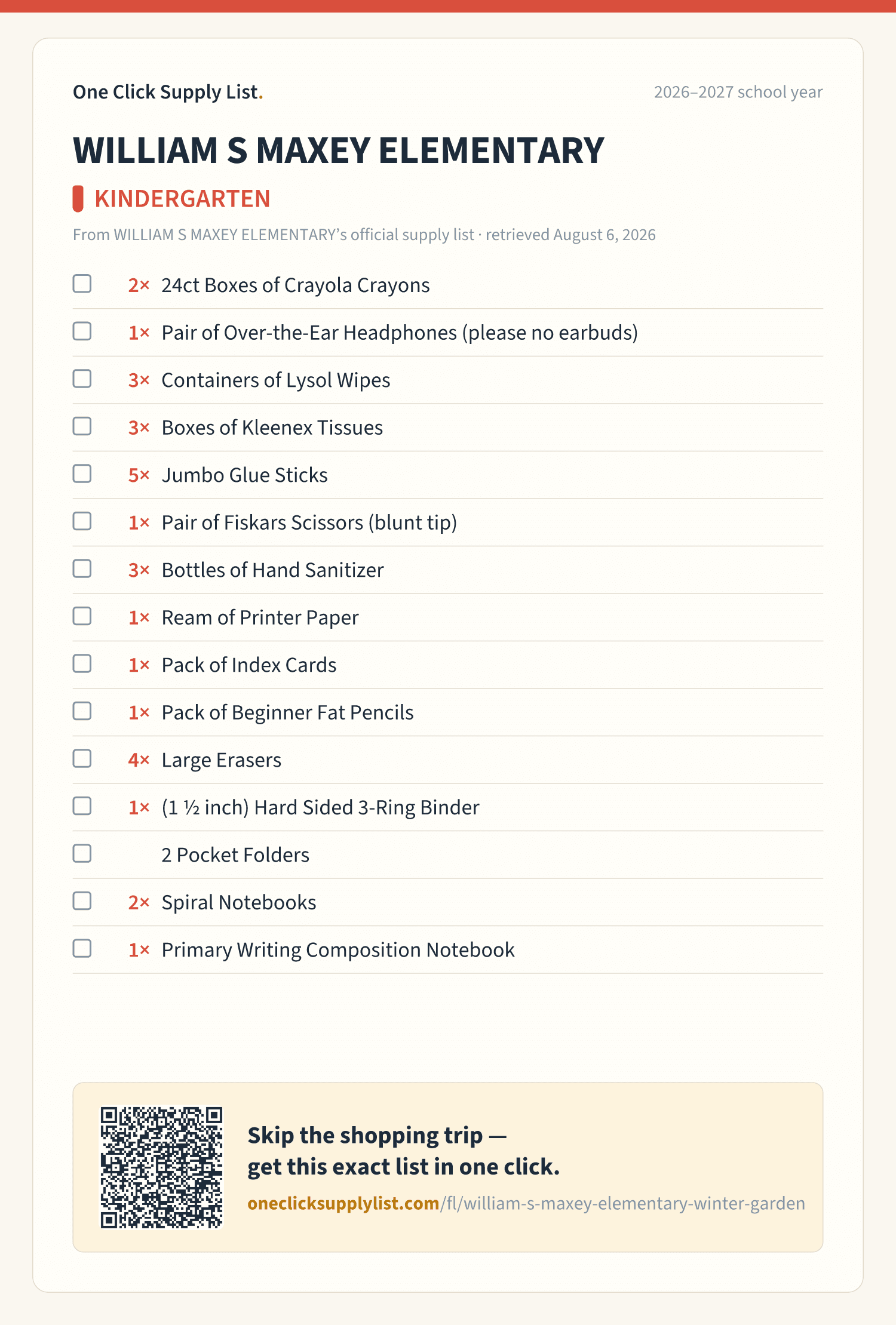 WILLIAM S MAXEY ELEMENTARY KINDERGARTEN supply list — printable image