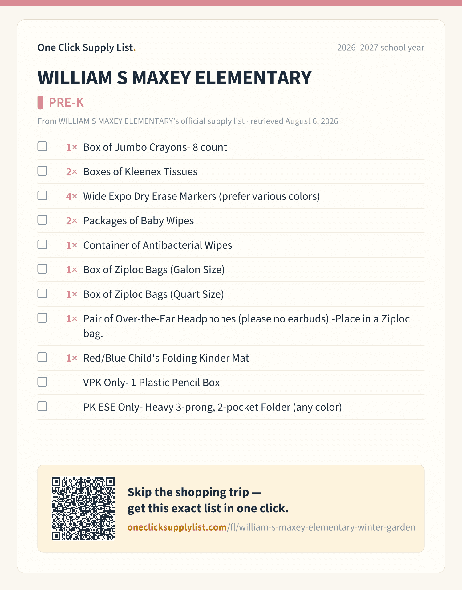 WILLIAM S MAXEY ELEMENTARY PRE-K supply list — printable image