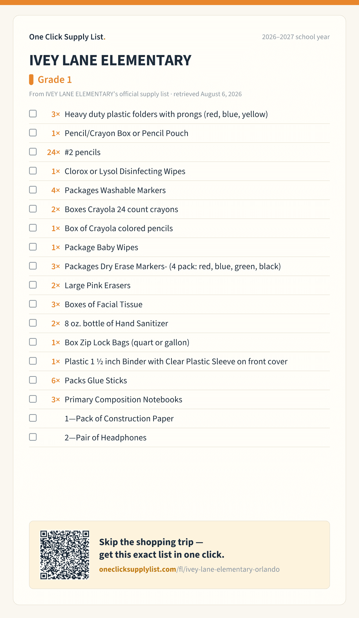 IVEY LANE ELEMENTARY Grade 1 supply list — printable image