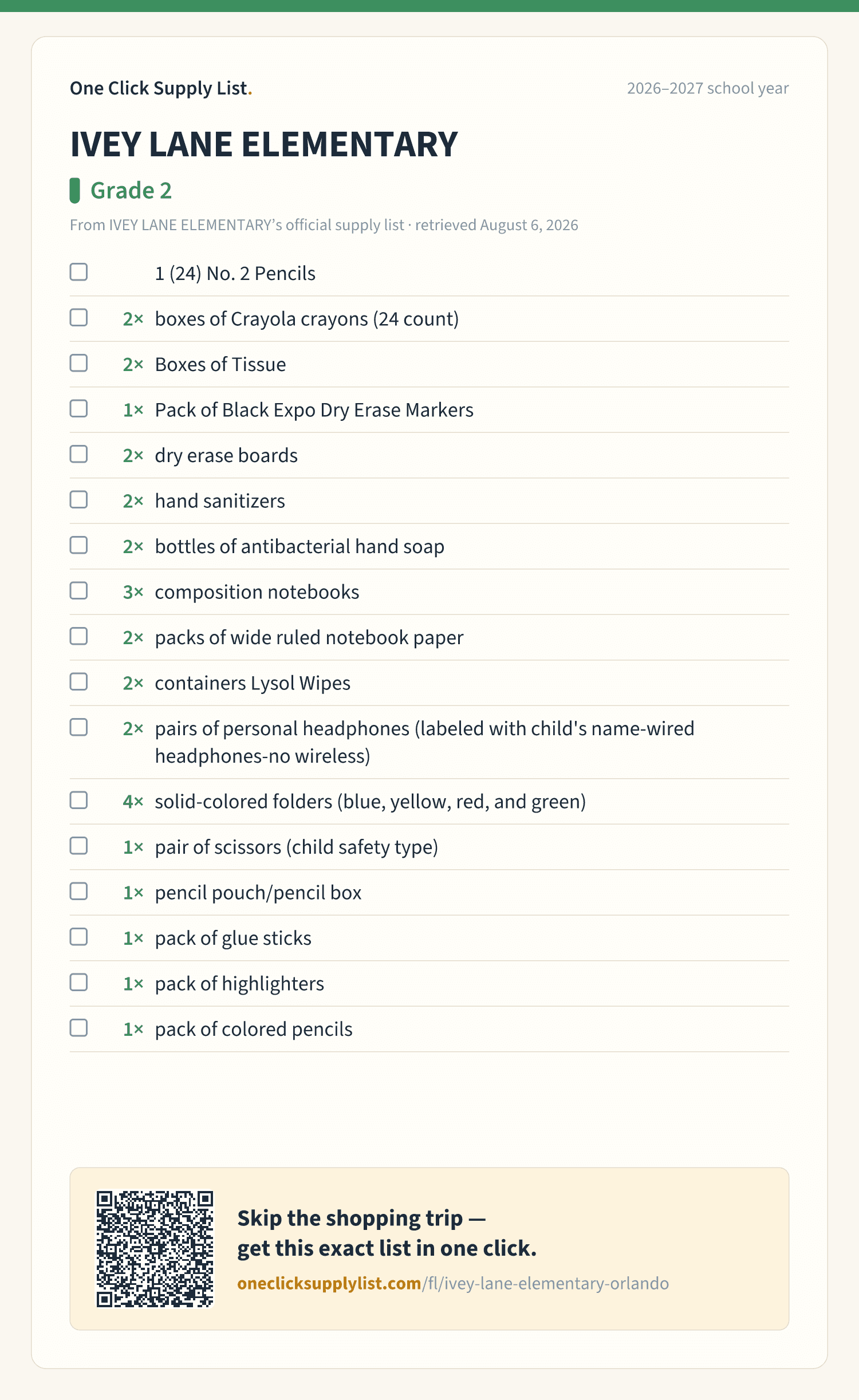 IVEY LANE ELEMENTARY Grade 2 supply list — printable image