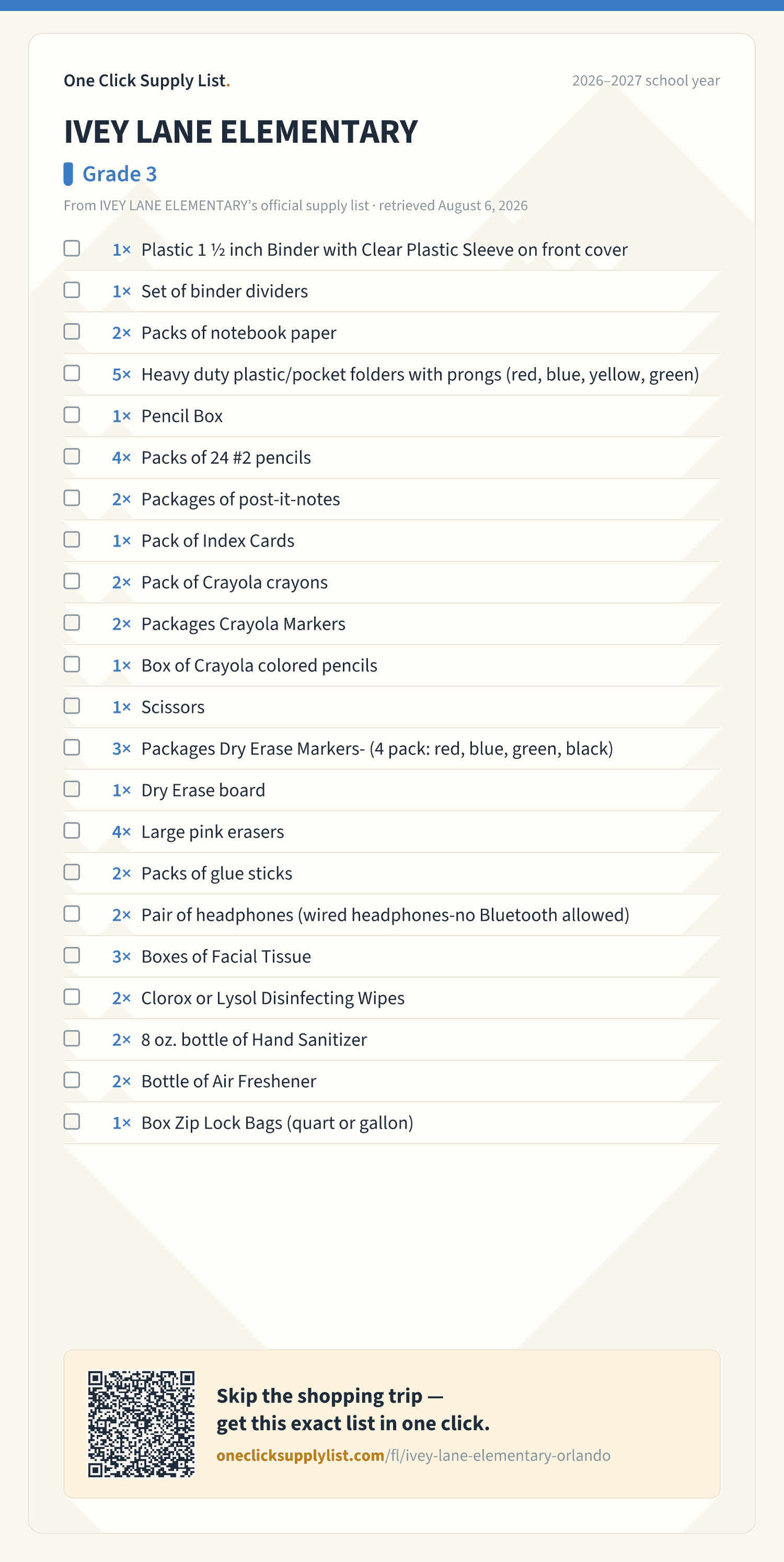 IVEY LANE ELEMENTARY Grade 3 supply list — printable image