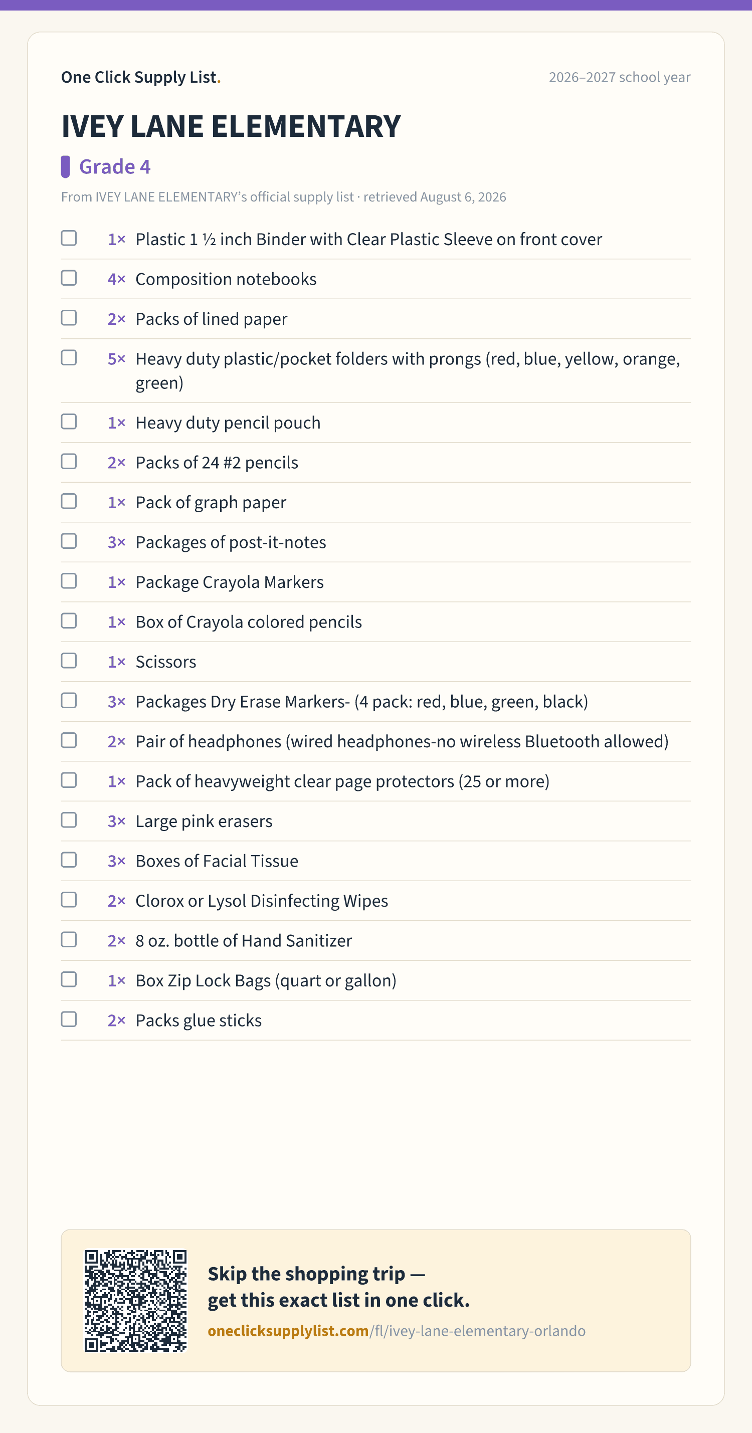 IVEY LANE ELEMENTARY Grade 4 supply list — printable image