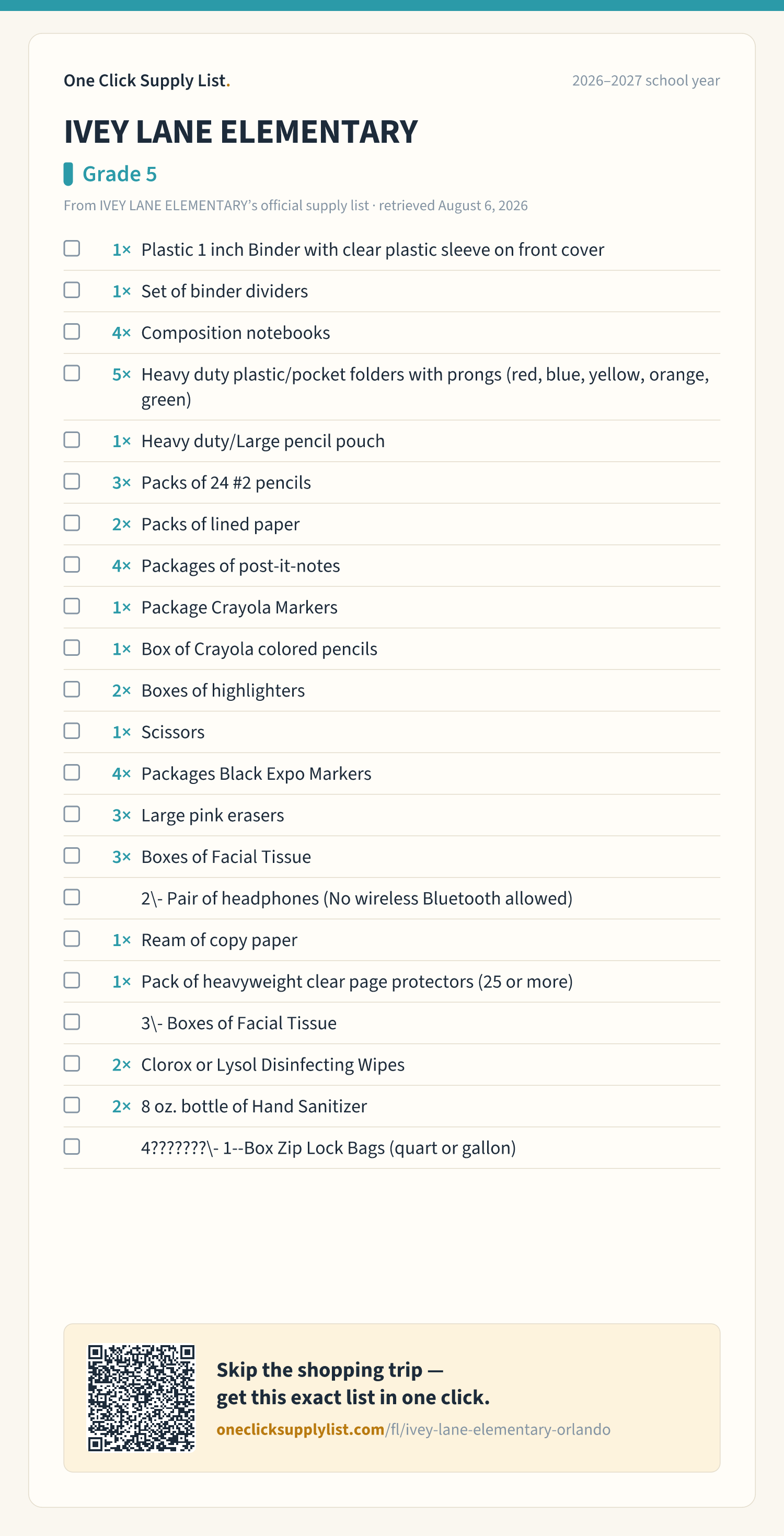 IVEY LANE ELEMENTARY Grade 5 supply list — printable image