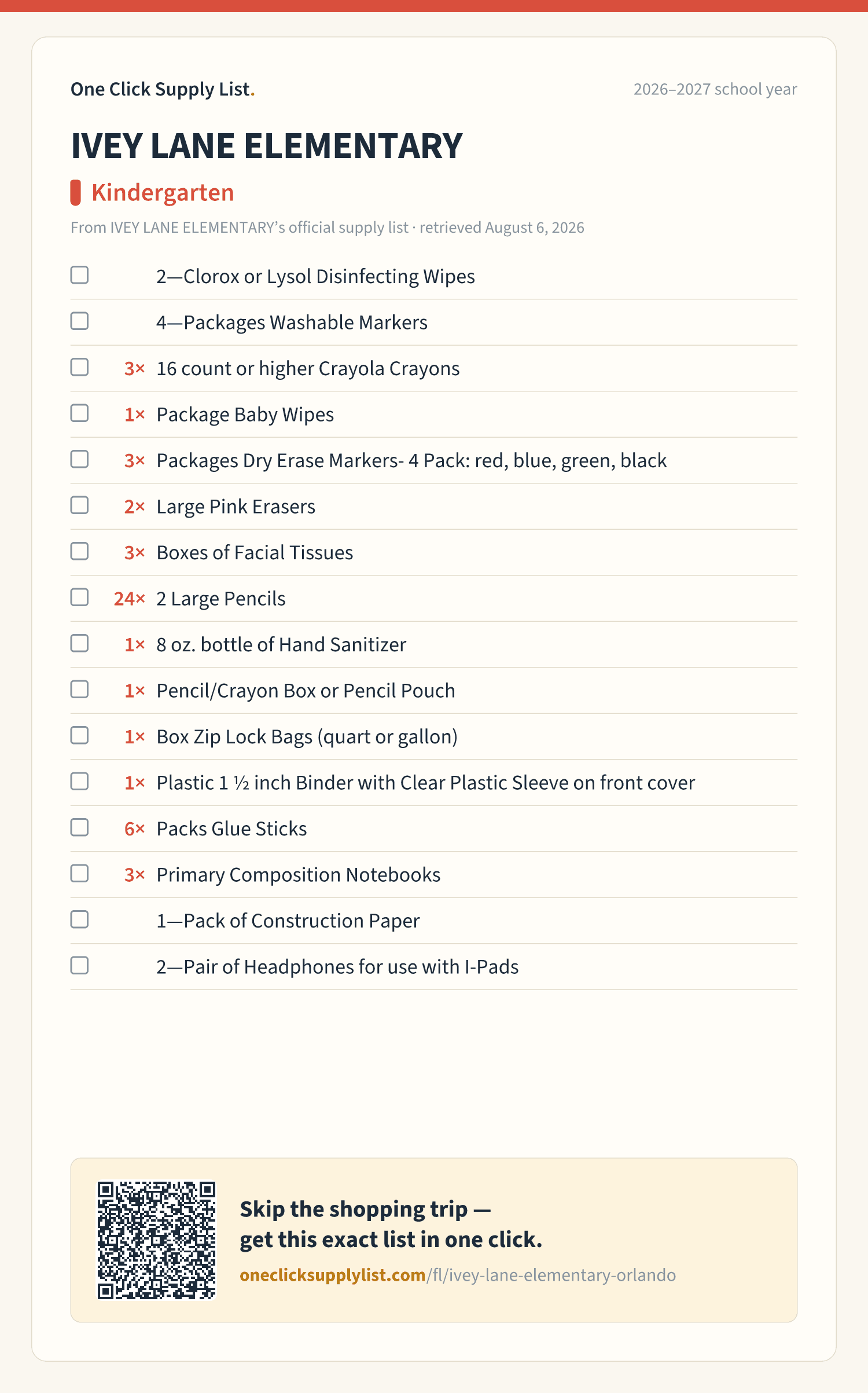 IVEY LANE ELEMENTARY Kindergarten supply list — printable image