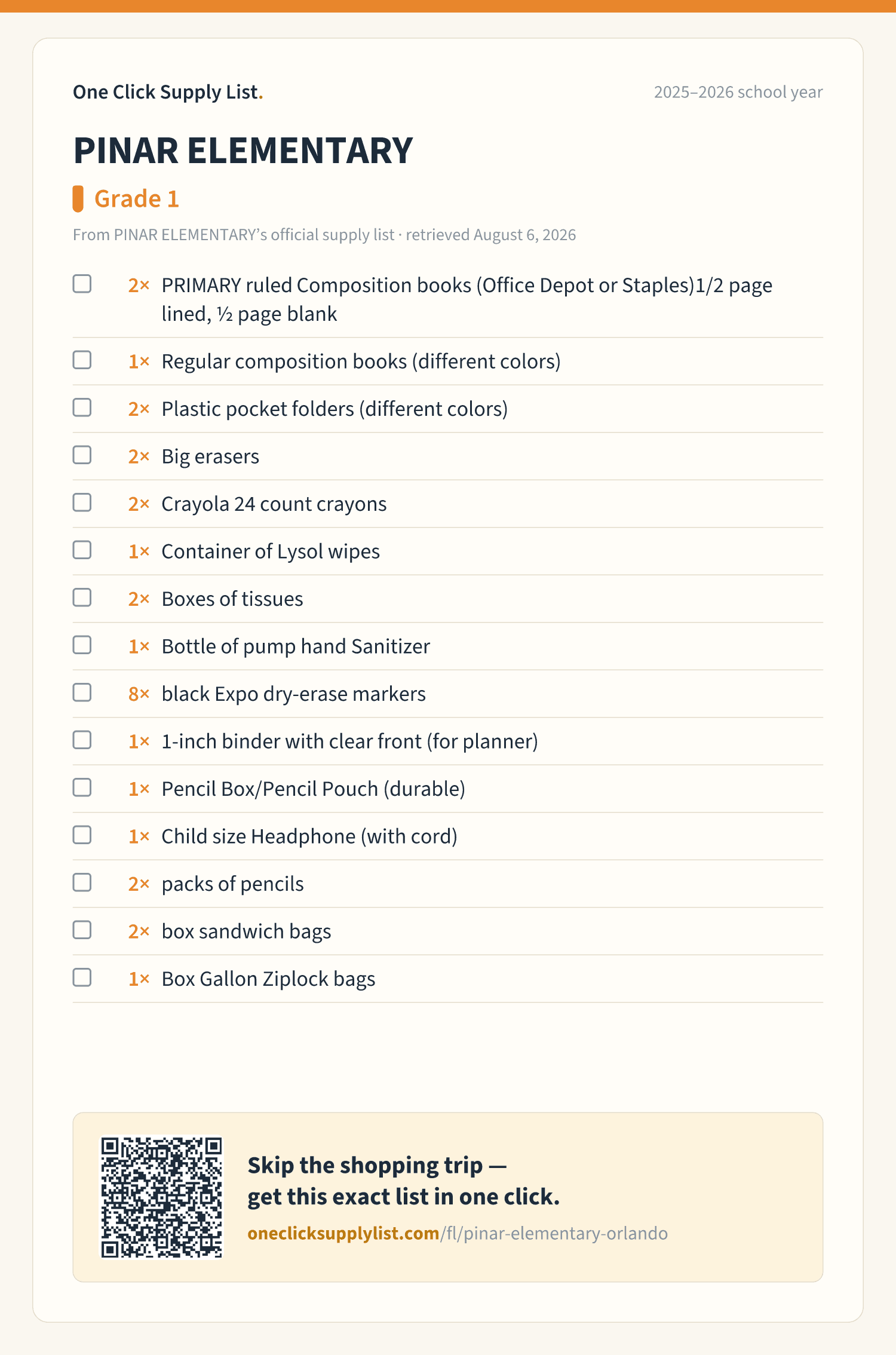 PINAR ELEMENTARY Grade 1 supply list — printable image