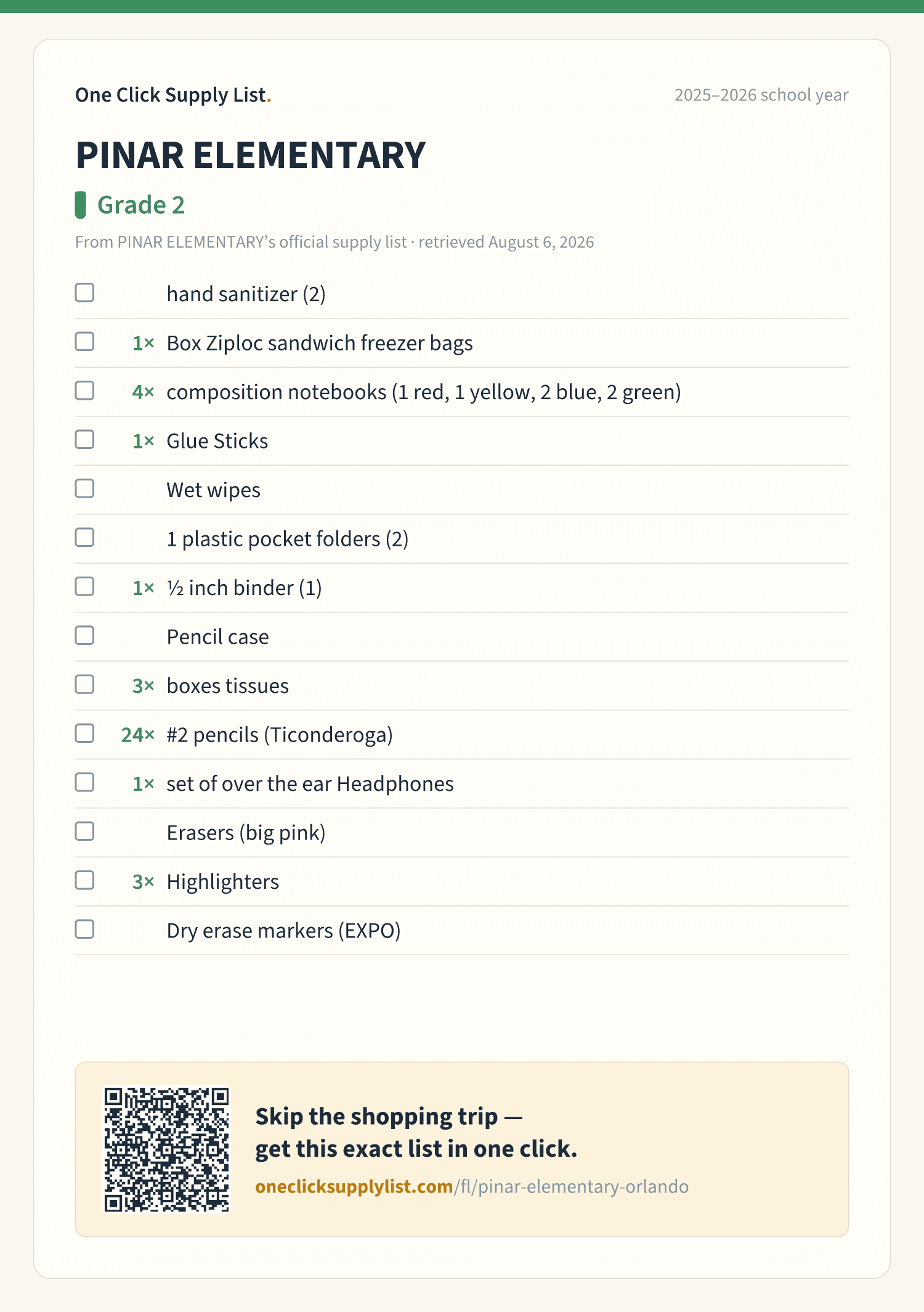 PINAR ELEMENTARY Grade 2 supply list — printable image