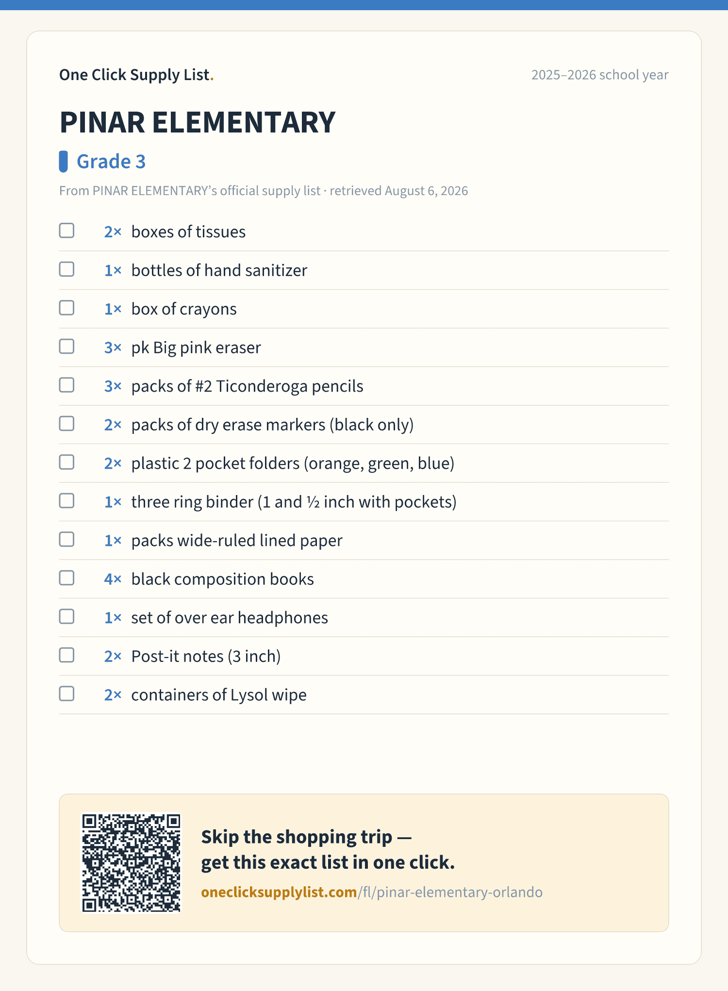 PINAR ELEMENTARY Grade 3 supply list — printable image