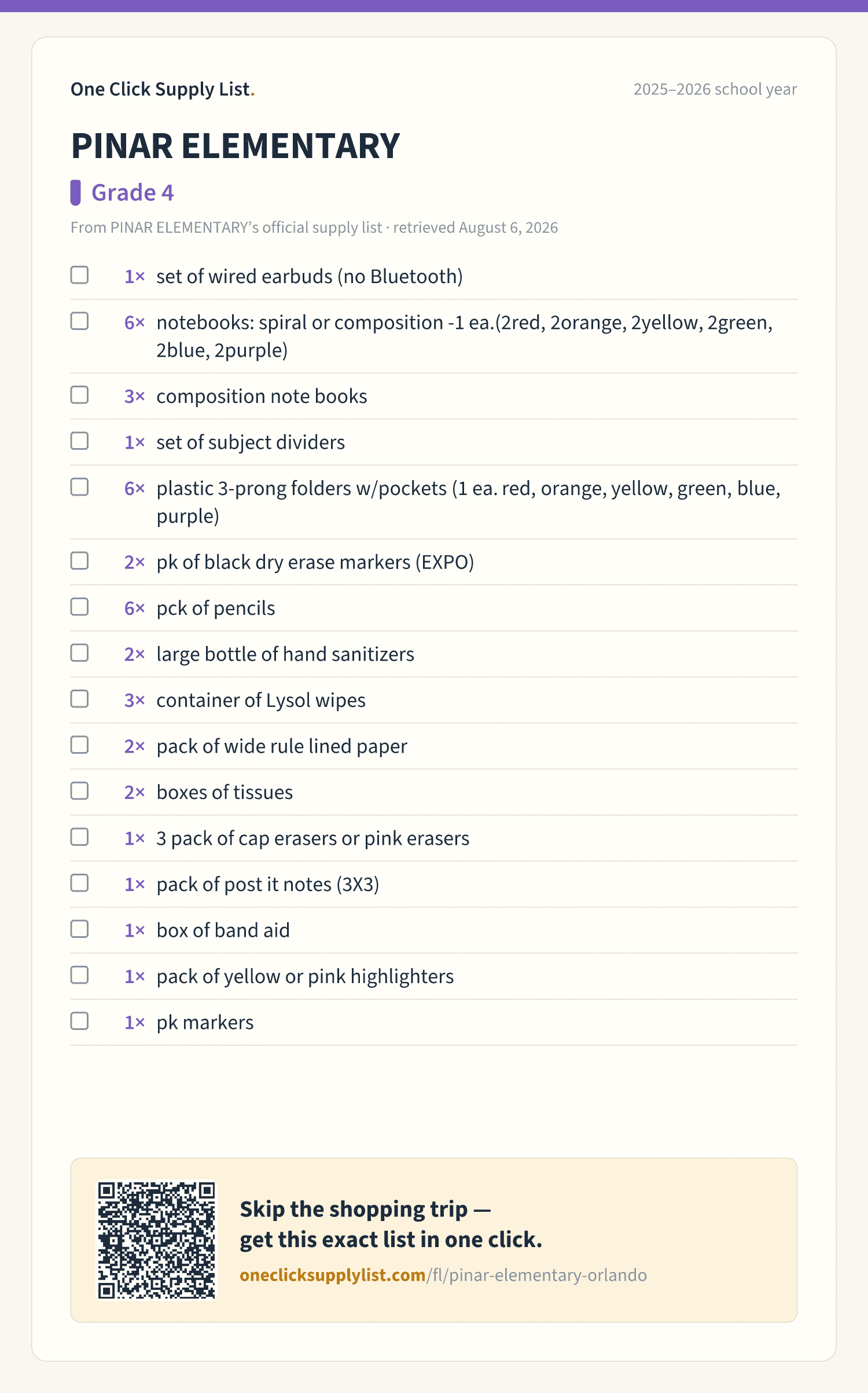 PINAR ELEMENTARY Grade 4 supply list — printable image