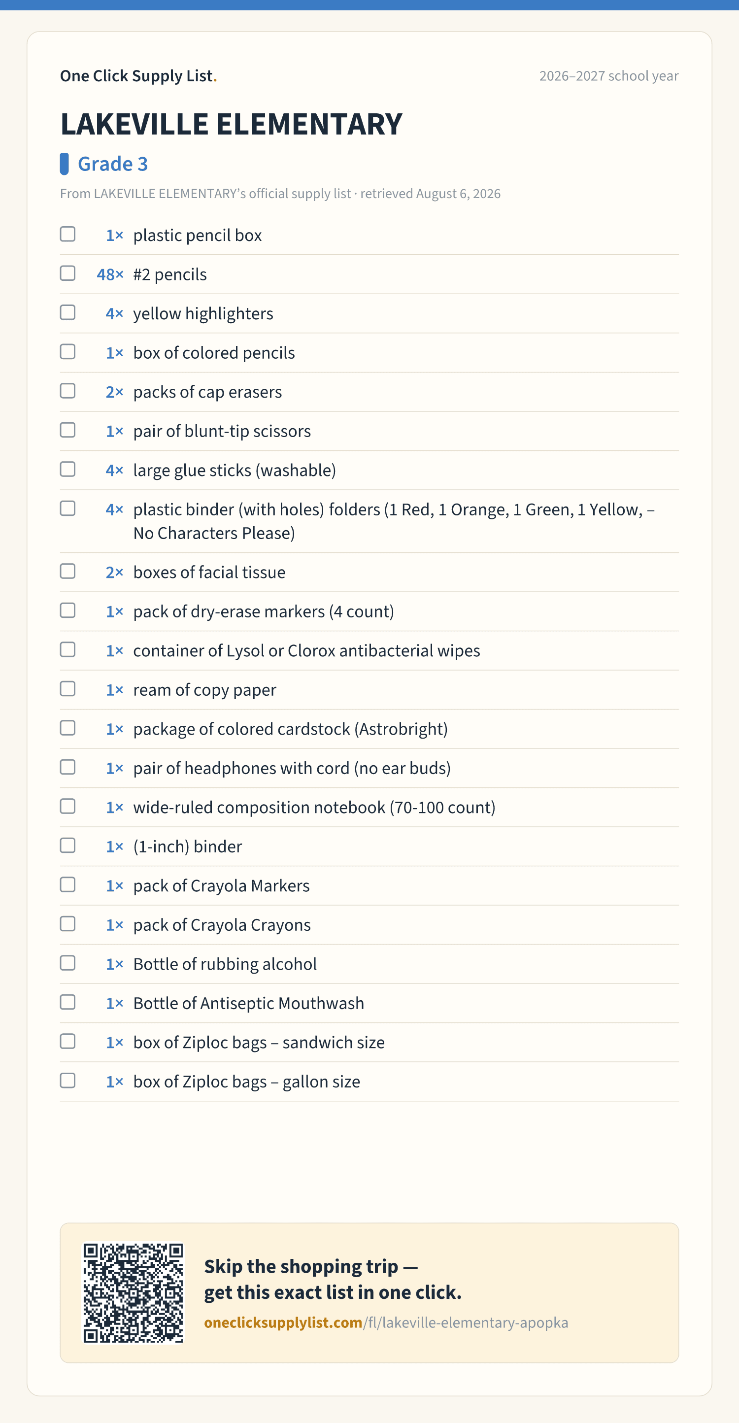 LAKEVILLE ELEMENTARY Grade 3 supply list — printable image
