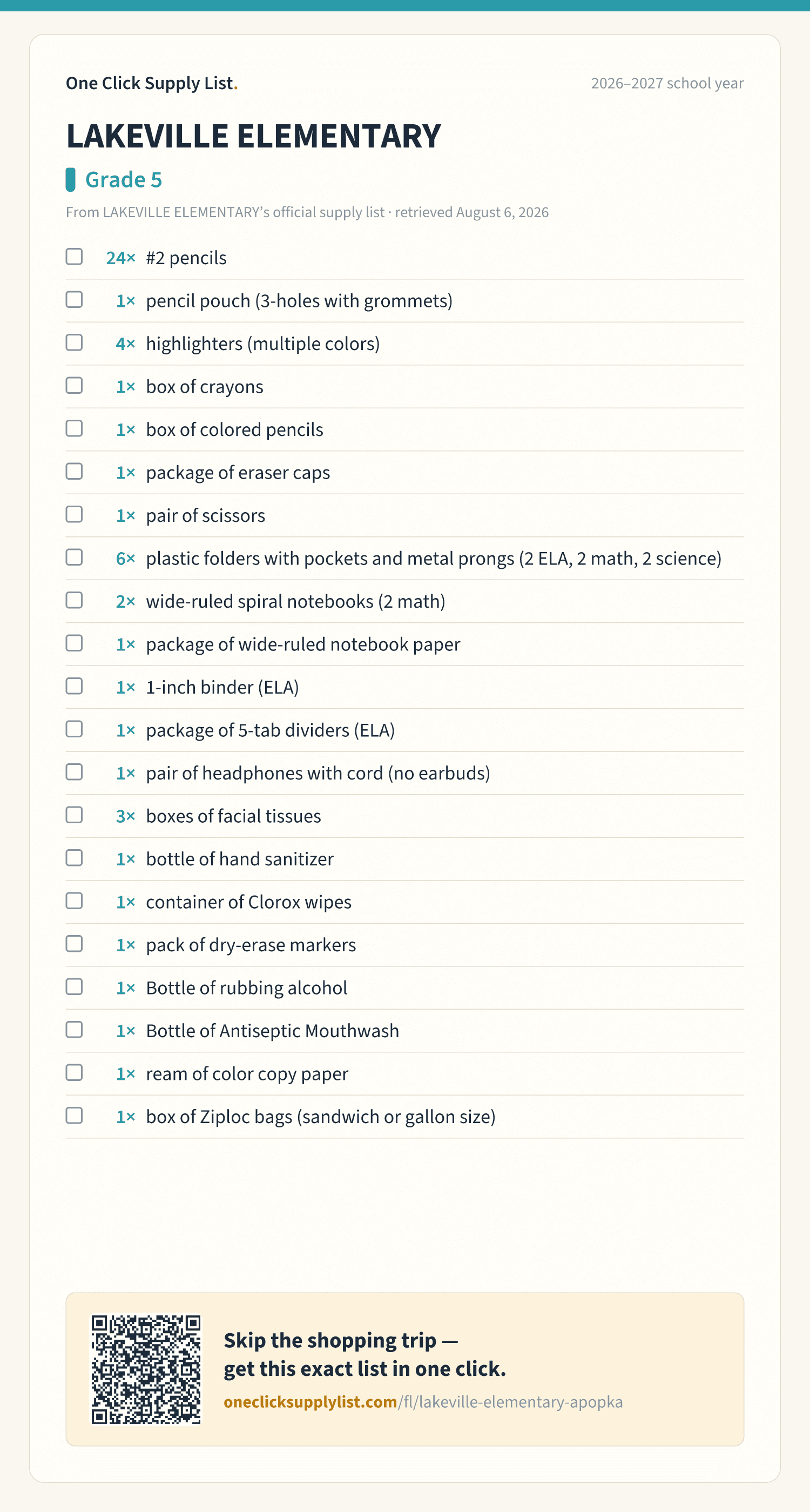 LAKEVILLE ELEMENTARY Grade 5 supply list — printable image