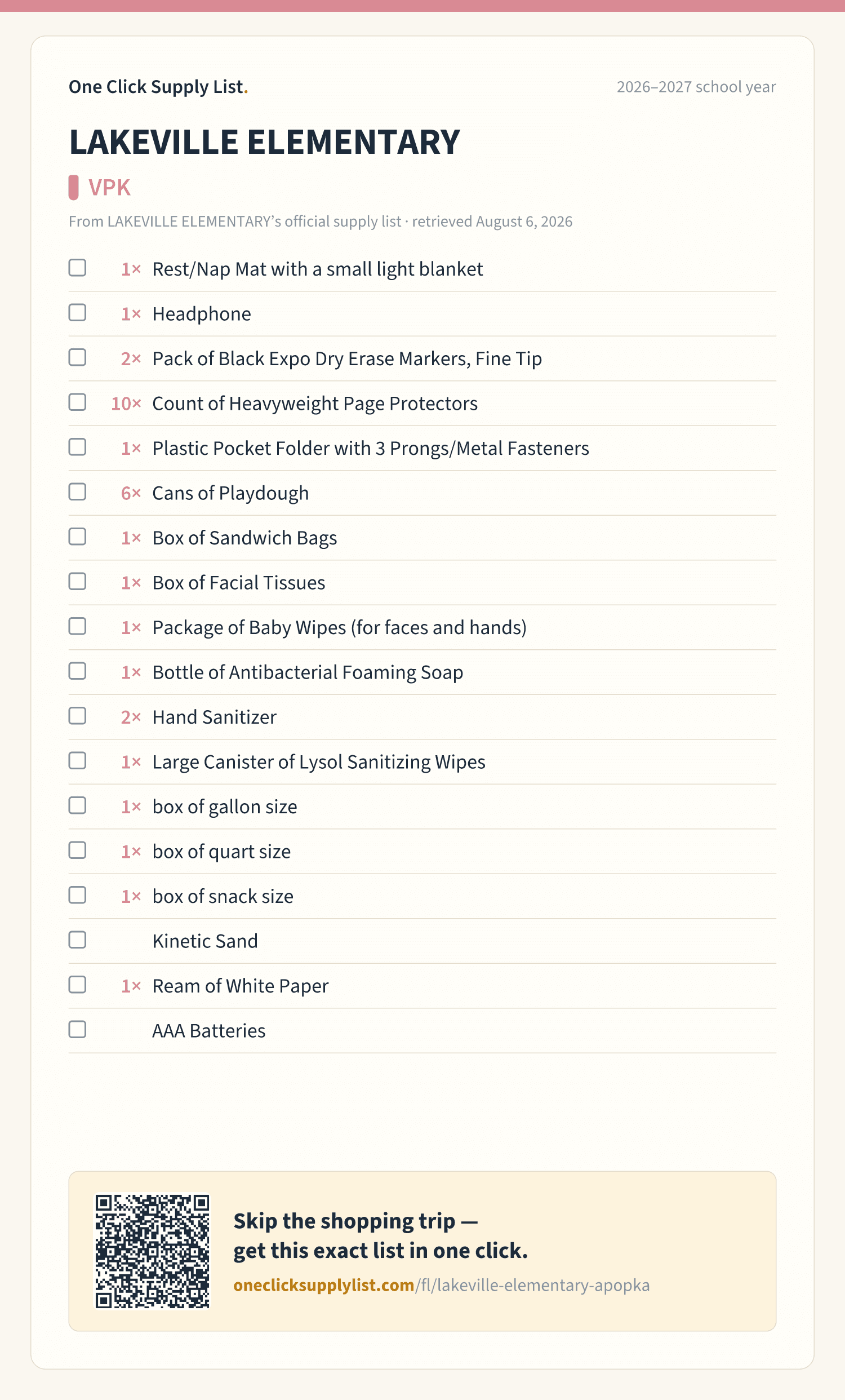 LAKEVILLE ELEMENTARY VPK supply list — printable image