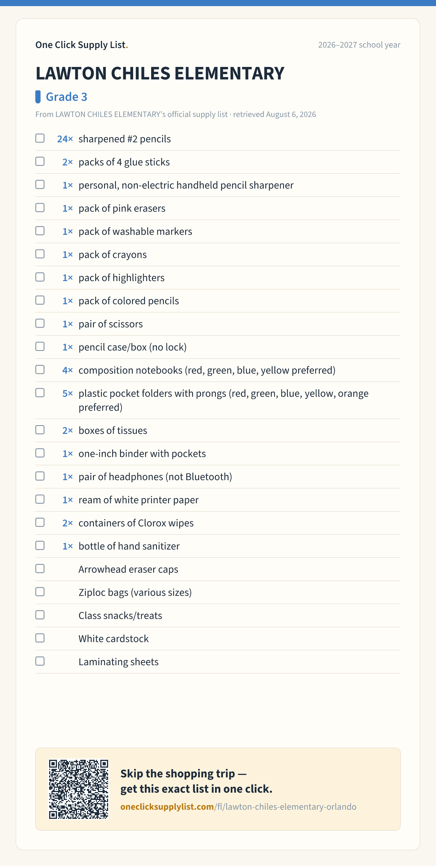 LAWTON CHILES ELEMENTARY Grade 3 supply list — printable image