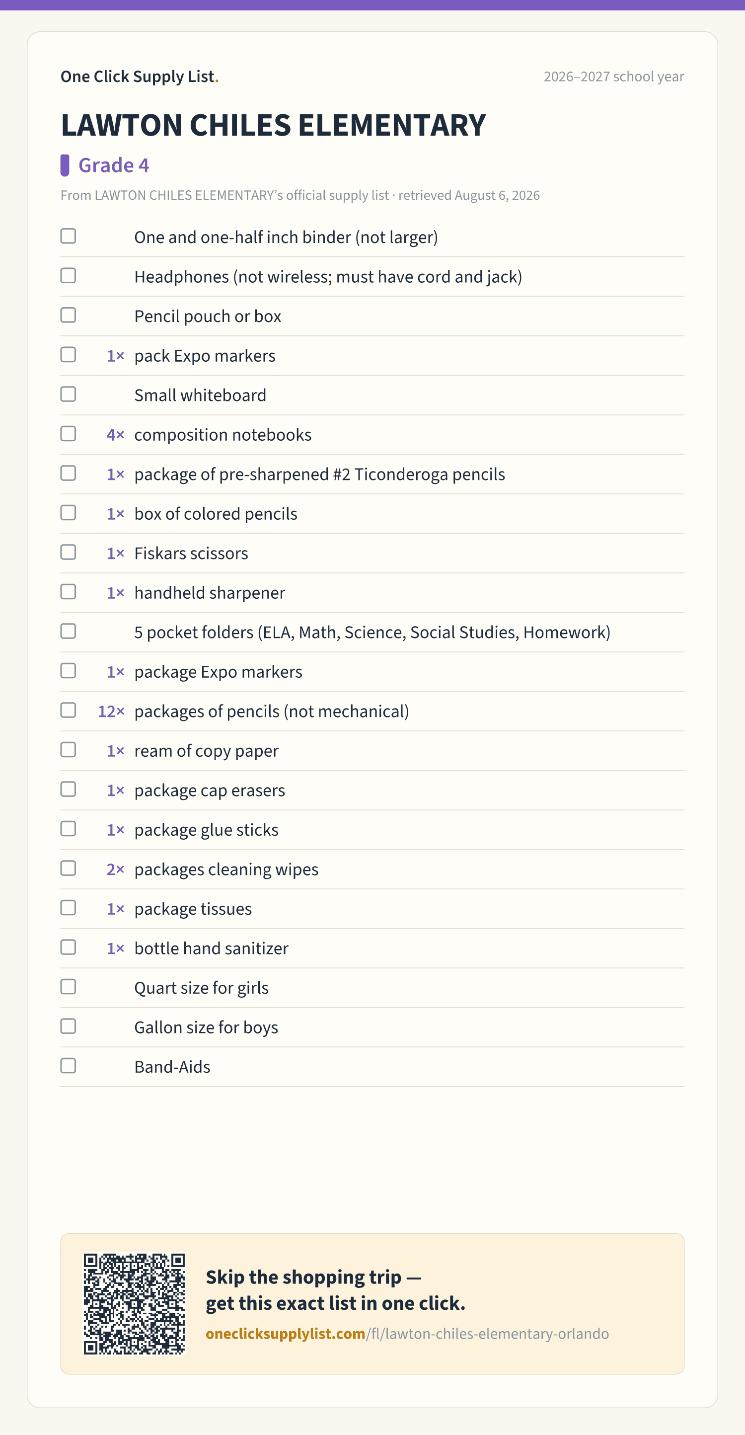 LAWTON CHILES ELEMENTARY Grade 4 supply list — printable image